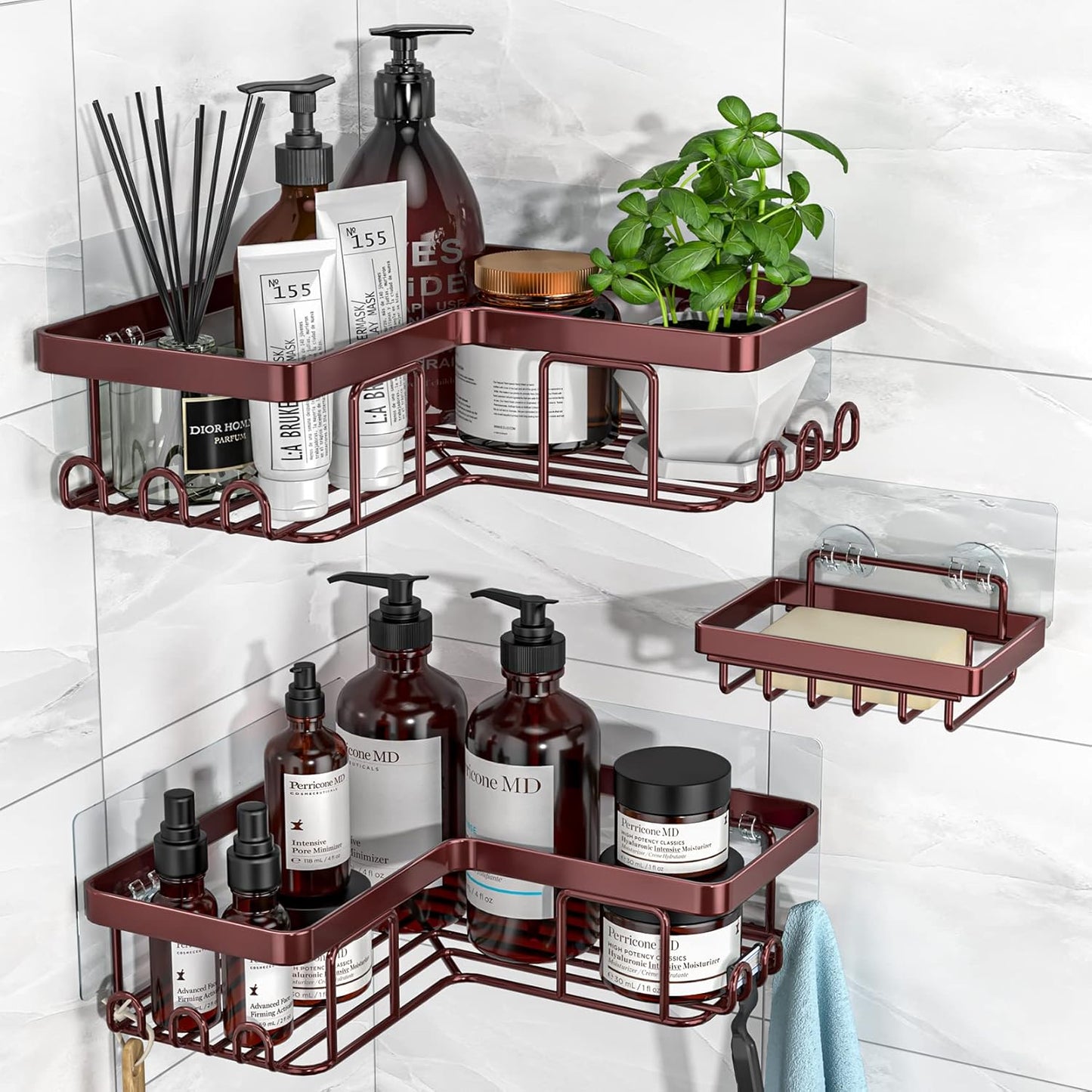 YASONIC Corner Shower Caddy, 3-Pack Adhesive Bathroom Caddy with Soap Holder and 12 Hooks, Rustproof Stainless Steel Shower Organizer, No Drilling Wall Mounted Shower Rack, for Bathroom, Gold