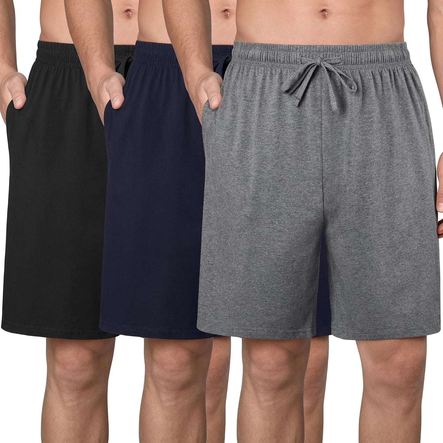 3 Pack Mens Cotton Pajama Shorts Soft Comfortable Lounge Shorts with Drawstring & Two Pockets Sleep Bottoms for Men