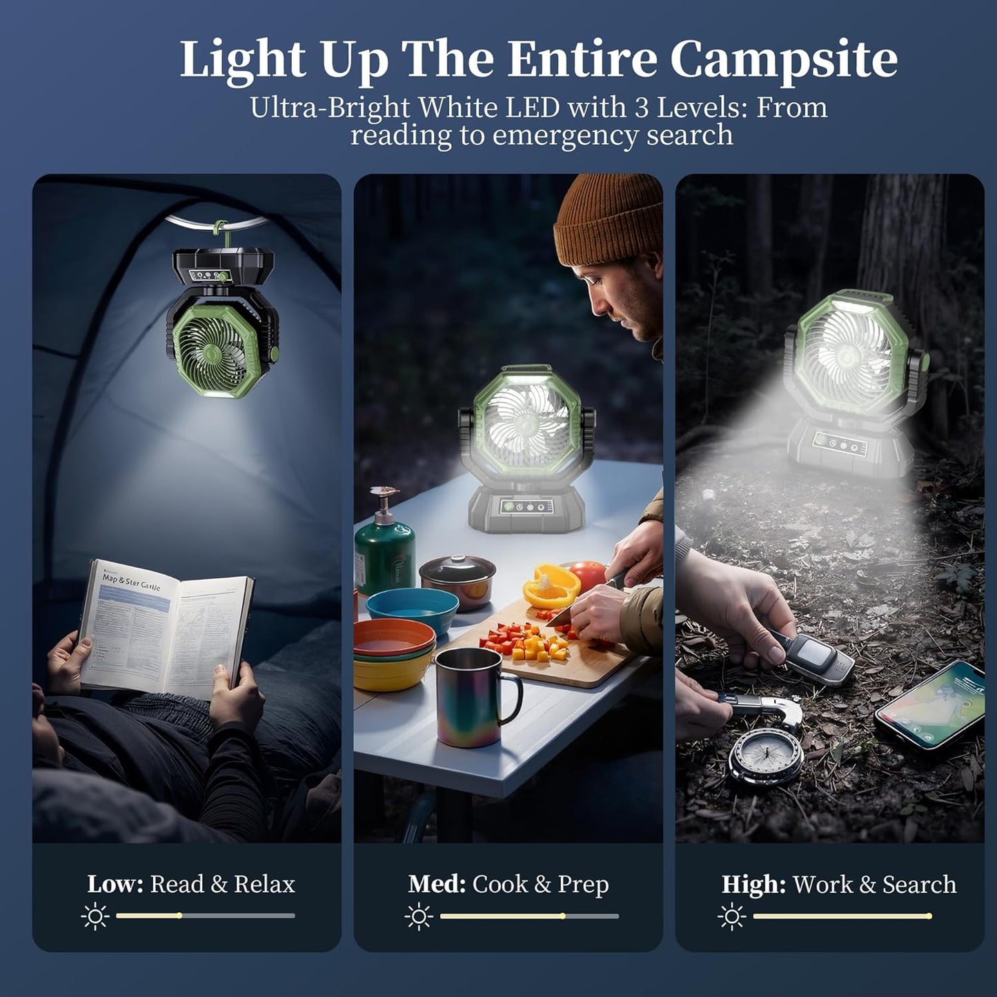 AJVV Camping Fan, Oscillating Battery Powered Portable Rechargeable Hanging Tent Fan with Light and Remote for Camp, Outdoor, Emergency Power Outage, Fishing, RV Travel, Green