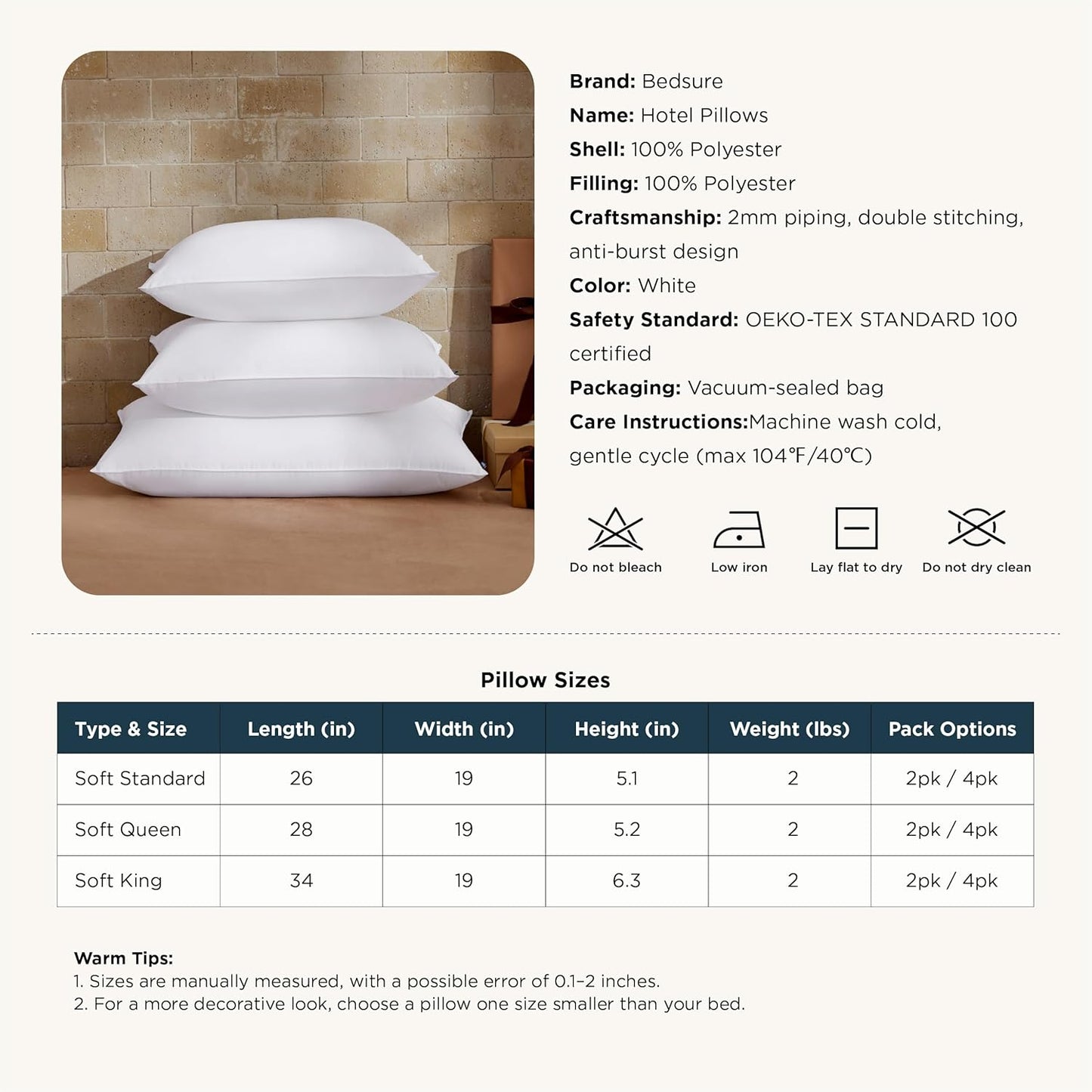 Bedsure Pillows Queen Size Set of 2 - Hotel Collection Bed Pillows for Sleeping, with Down Alternative Filling, Soft Support for Back, Stomach or Side Sleepers, Queen/Full, 28"x19", White, 2 Pack
