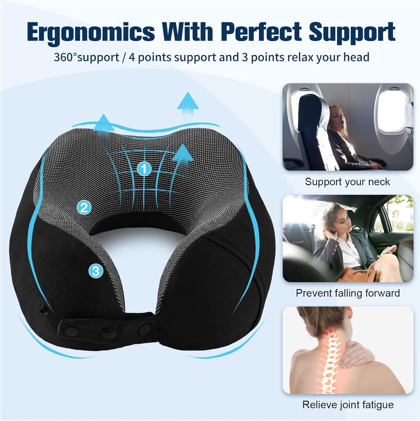 Cirorld Neck Pillow for Traveling, Travel Pillows for Airplanes,100% Pure Memory Foam Travel Neck Pillow, Adjustable Flight Pillow, Portable Plane Accessories with Eye Mask, Earplugs, Carry Bag