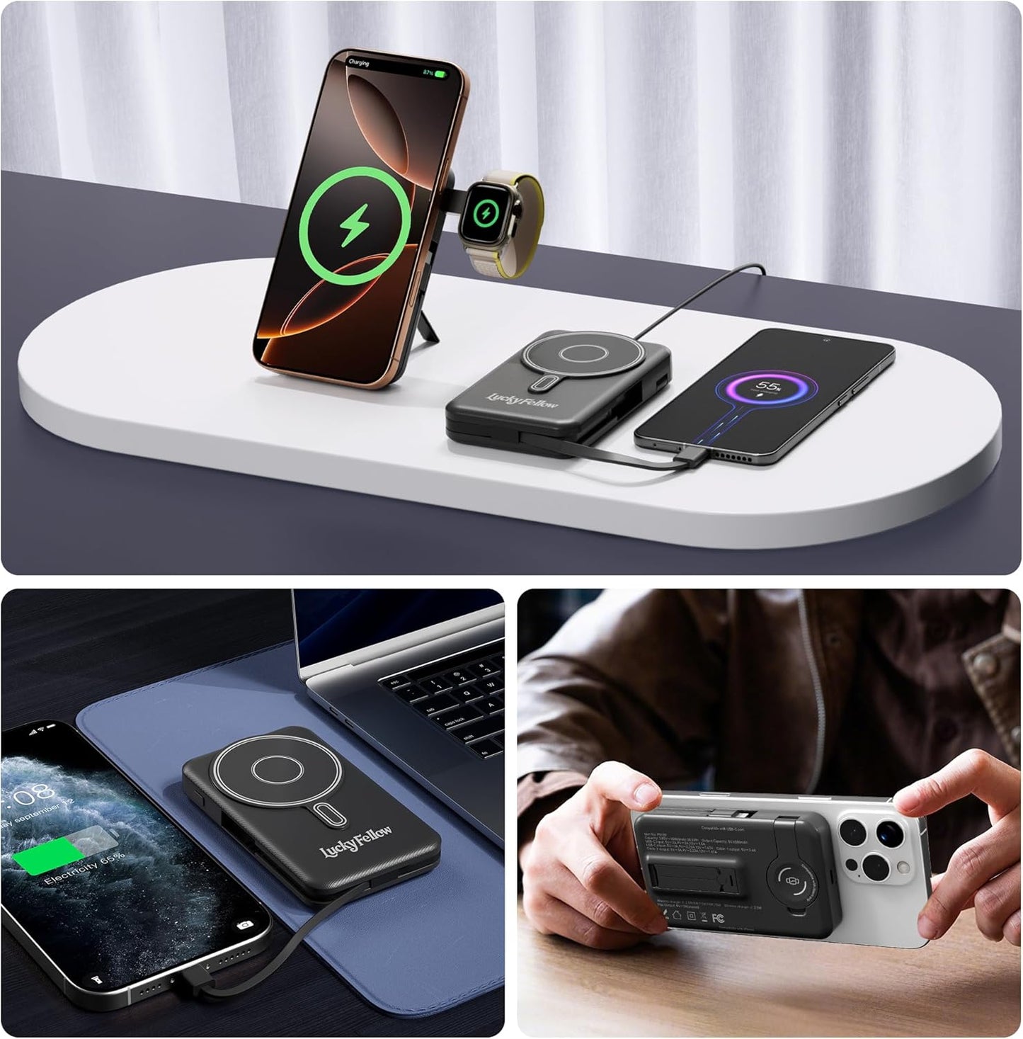 Magnetic Portable Charger Built-in Cables,10000mAh Fast Charging Wireless Charger Station External Battery Pack Slim Pocket Size Power Bank with Stand Compatible with iWatch, iPhone