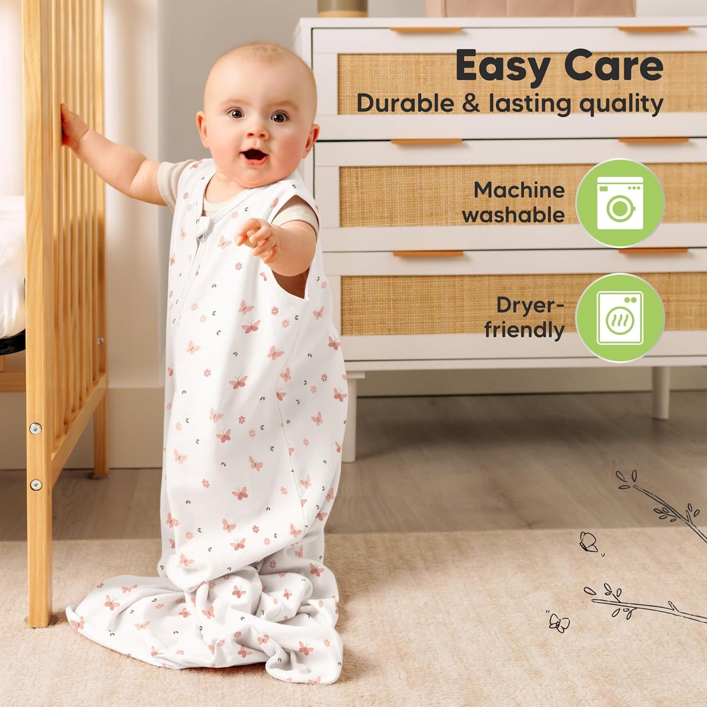 2-Pack Baby Sleep Sacks, Zipper Wearable Blanket-0.5TOG Organic Cotton,Lightweight,Soft Cozy Toddler Sleeping Sack 6-12 months,Easy to Wear Large Newborn Transition Swaddles Sleepsacks(Butterflies, M)