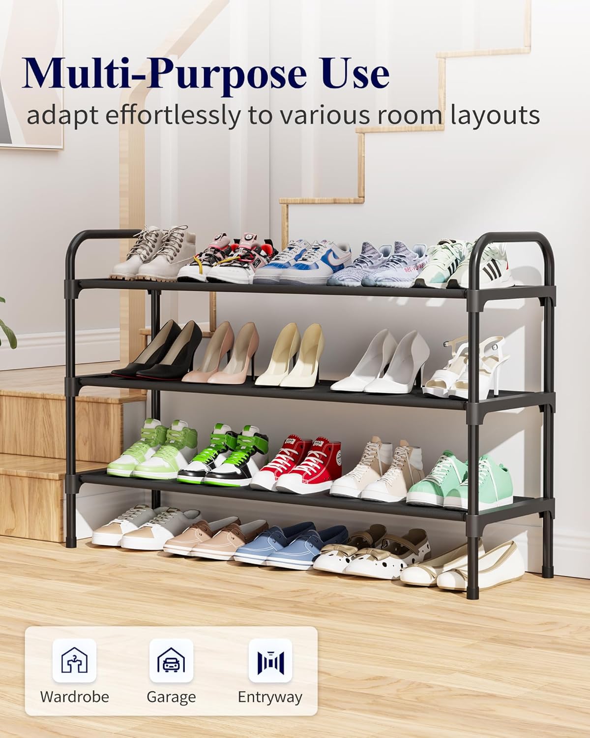 Kitsure Extra-Long Shoe Rack for Closet, Shoe Organizer for Front Door Entrance, Stackable Shoe Shelf, Detachable Closet Organizers and Storage, 39.0" Wide - 3 Tier, Black