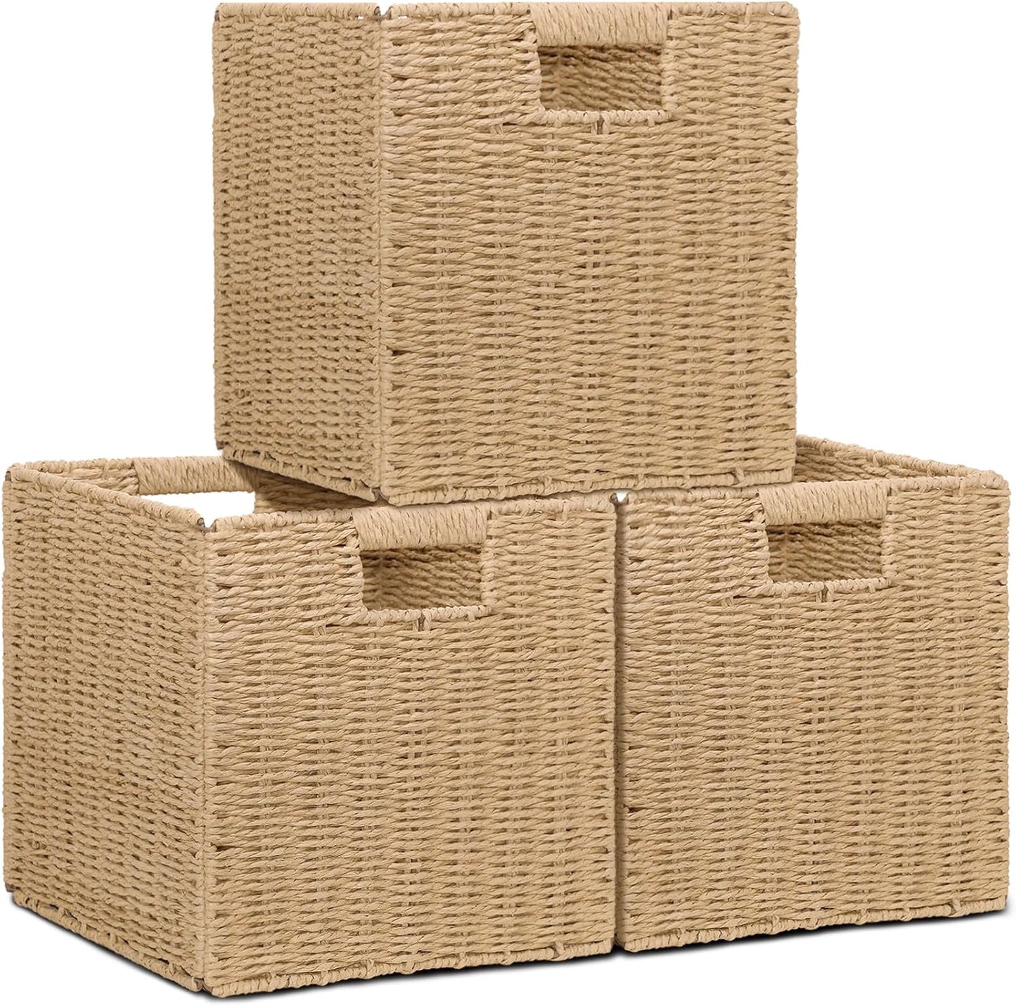 Wicker Storage Baskets for Organizing, 3 Pack Rustic Foldable Square Basket for Shelves, Handwoven Cubby Organizer Bins for Home Decor, Small Cube Storage Bin for Closet Organization (Brown 11 inch)