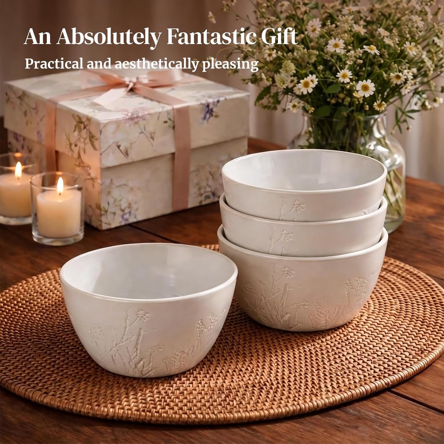 DOWAN 32 OZ Ceramic Bowls Set of 4 – Large Soup Bowls for Cereal, Ramen, Pho, Pasta & Salad Bowls – Stackable, Microwave & Dishwasher Safe – Wedding & Housewarming Gift