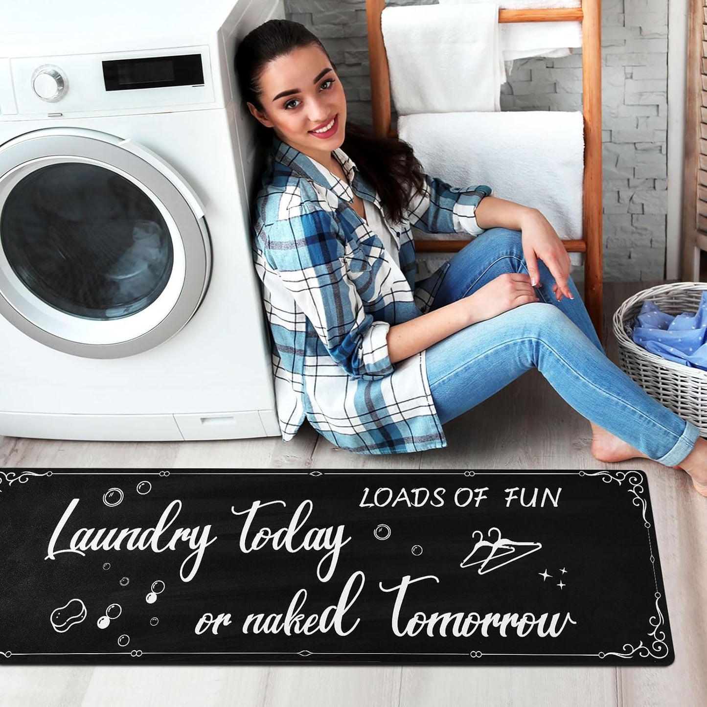 XLHOMO Laundry Room Rug Runner, 17"x60" Non Slip Nappa Leather Laundry Rugs, Black Farmhouse Washable Floor Laundry Mats for Laundry Room, Kitchen, Washroom, Bathroom, Mudroom, Hallway Entryway Decor