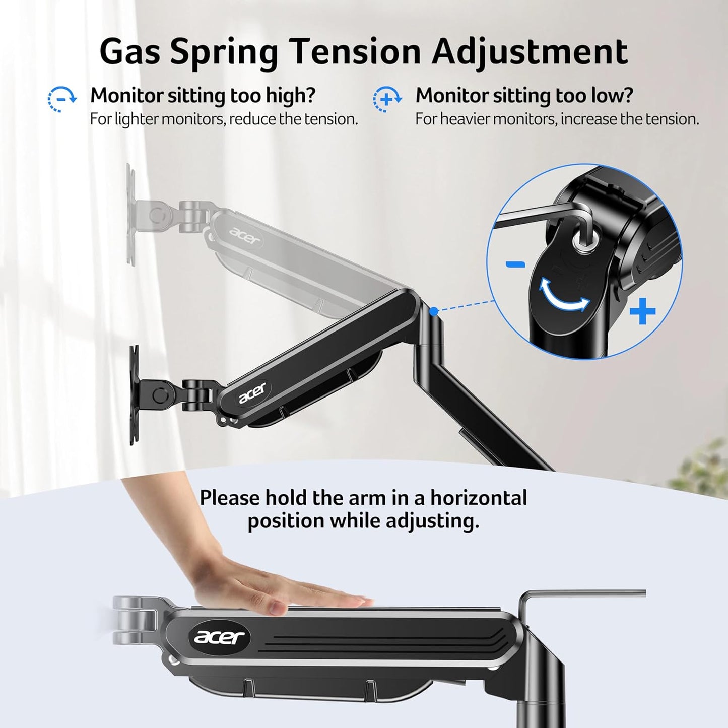 Acer Single Monitor Mount, Fully Adjustable Monitor Arm Fits 17 to 34 Inch Screens, Gas Spring VESA Mount with C-Clamp & Grommet Base, Computer Desk Arm with Tilt Swivel Rotate Supports 4.4-19.8 lbs