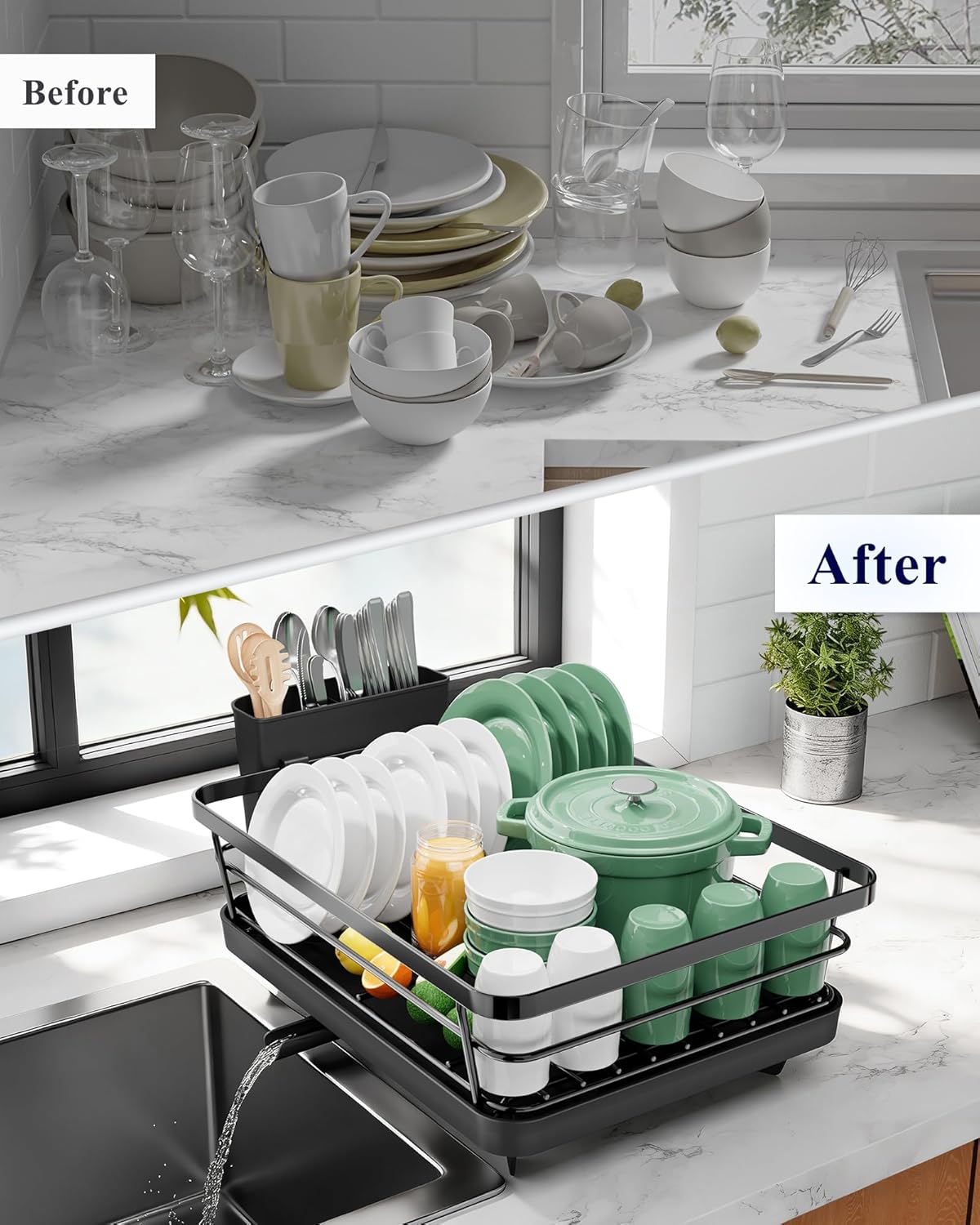 Kitsure Dish Drying Rack for Kitchen Counter, Stainless Steel Sink Organization and Storage Essentials with Cutlery Holder, Home and Appartment Decor, 12''W x 15.5''L, Black