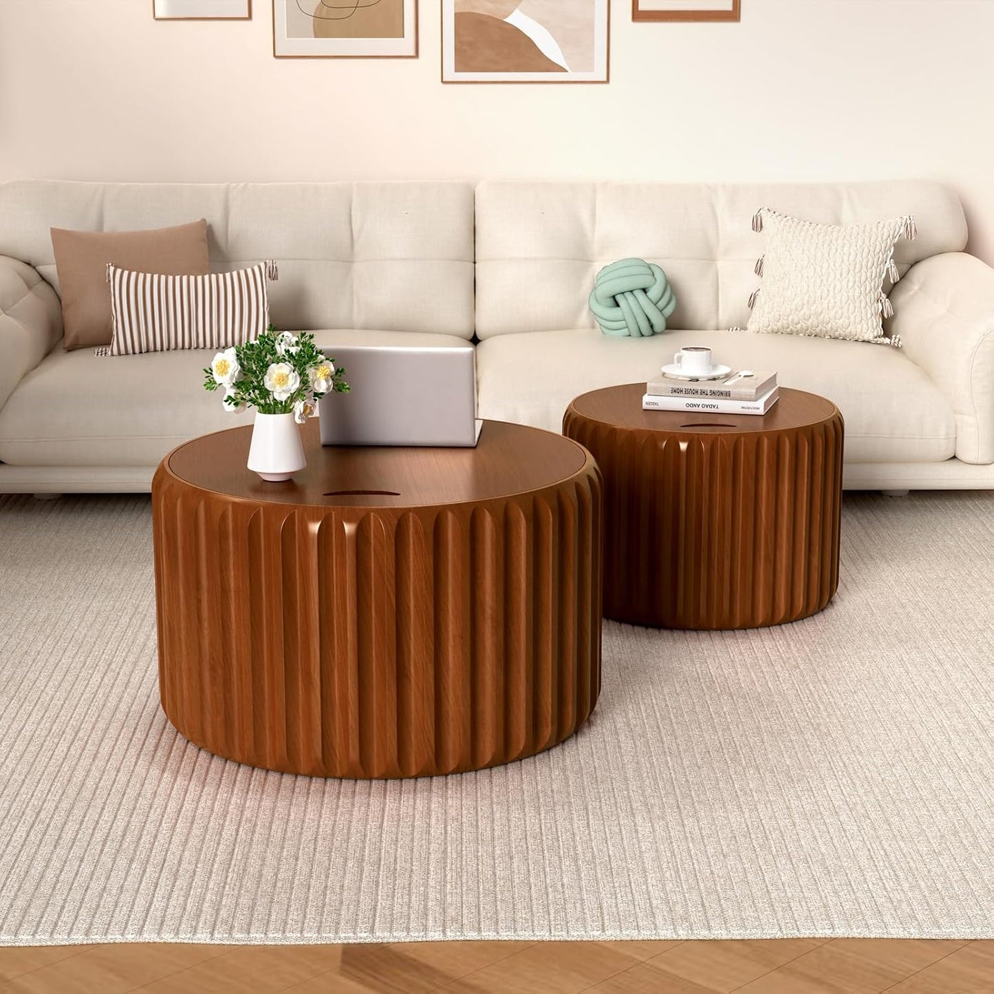 Round Nesting Coffee Table Set of 2 with Storage, No Assembly (Brown) | Wood Fluted Coffee Table Modern Drum Accent Tea Center Table Side End Table for Living Room, Bedroom, Small Space