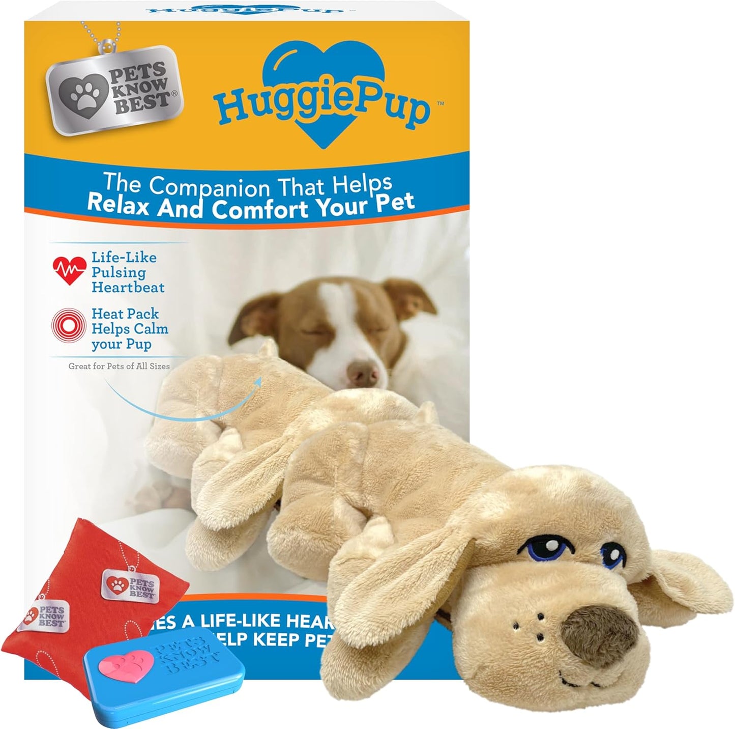 Pets Know Best presents HuggiePup - Cuddly Puppy Behavioral Aid Toy, Great for Crate Training- Pulsing Heartbeat, Heating Pack- Chocolate Dog