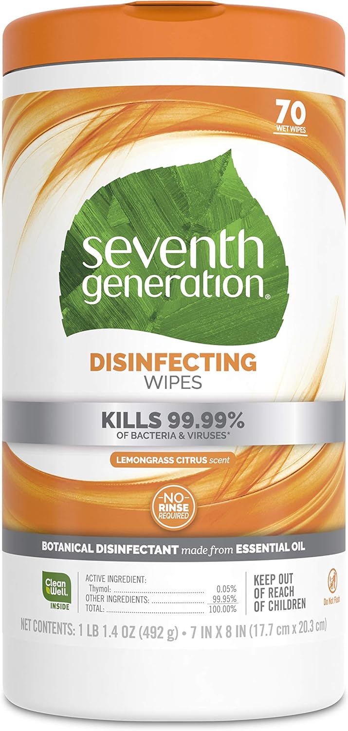 Seventh Generation Disinfecting Wipes, Lemongrass Citrus, 70 Count, 6 Pack, Botanical Multi-Surface Cleaner Kills 99.9% Germs, No Bleach, Plant-Based Formula for Home, Kitchen, Bathroom, Car Interior