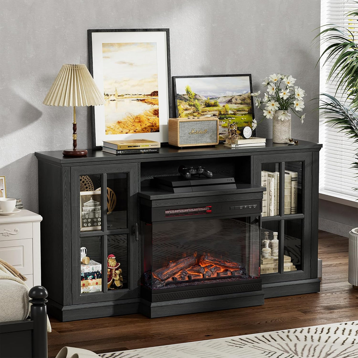 JUMMICO Fireplace TV Stand up to 65", 3-Sided Glass, Black | Entertainment Center with Cabinet Storage, Adjustable Flame and LED Colors, Media Console for Living Room
