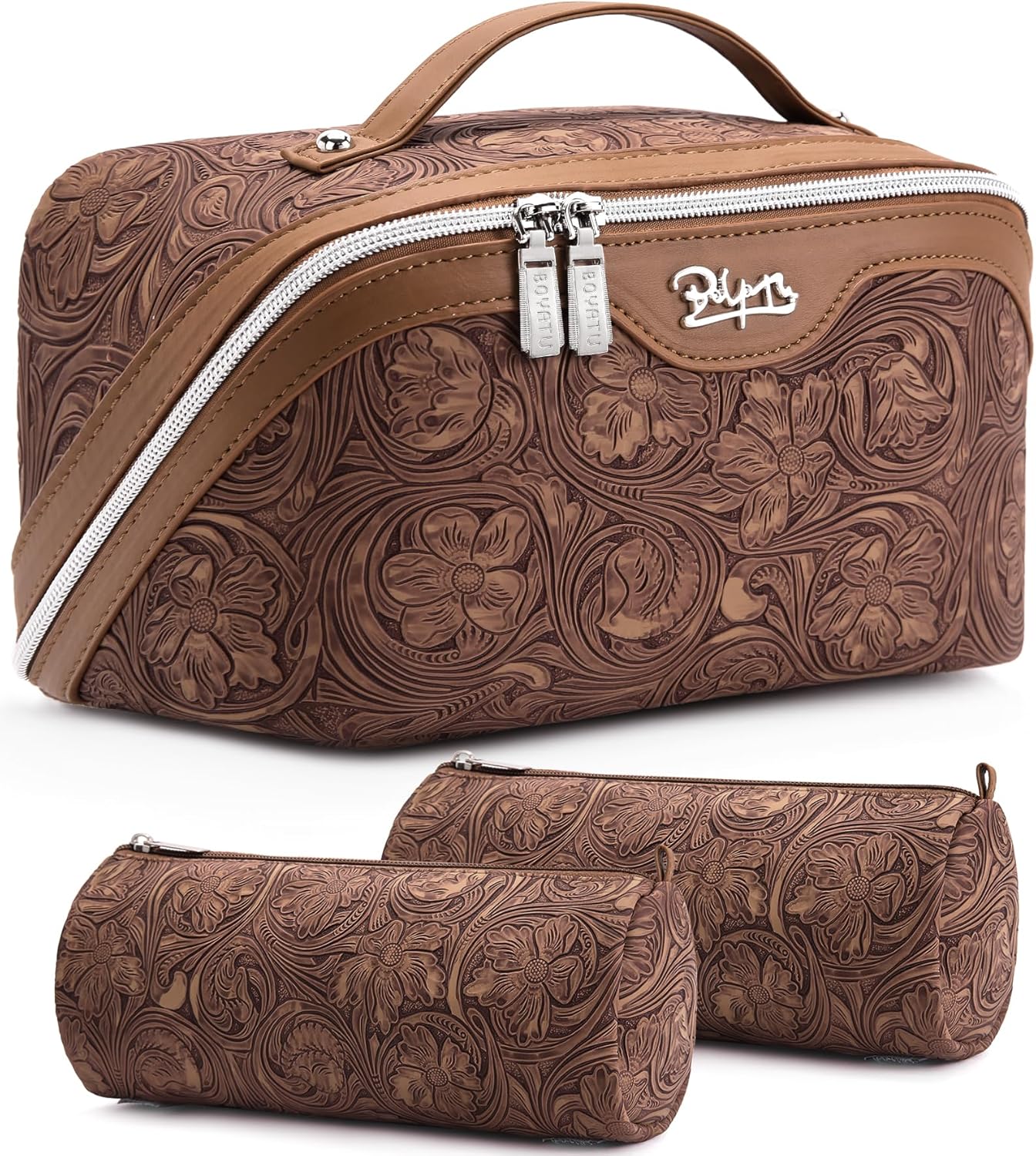BOYATU Travel Makeup Bags Cosmetic Organizer Bag: 3-Set Large Capacity Make up Bag - PU Leather Toiletry Bags for Women - Wide Open Portable Pouch with Divider & Handle (02-Light Brown)