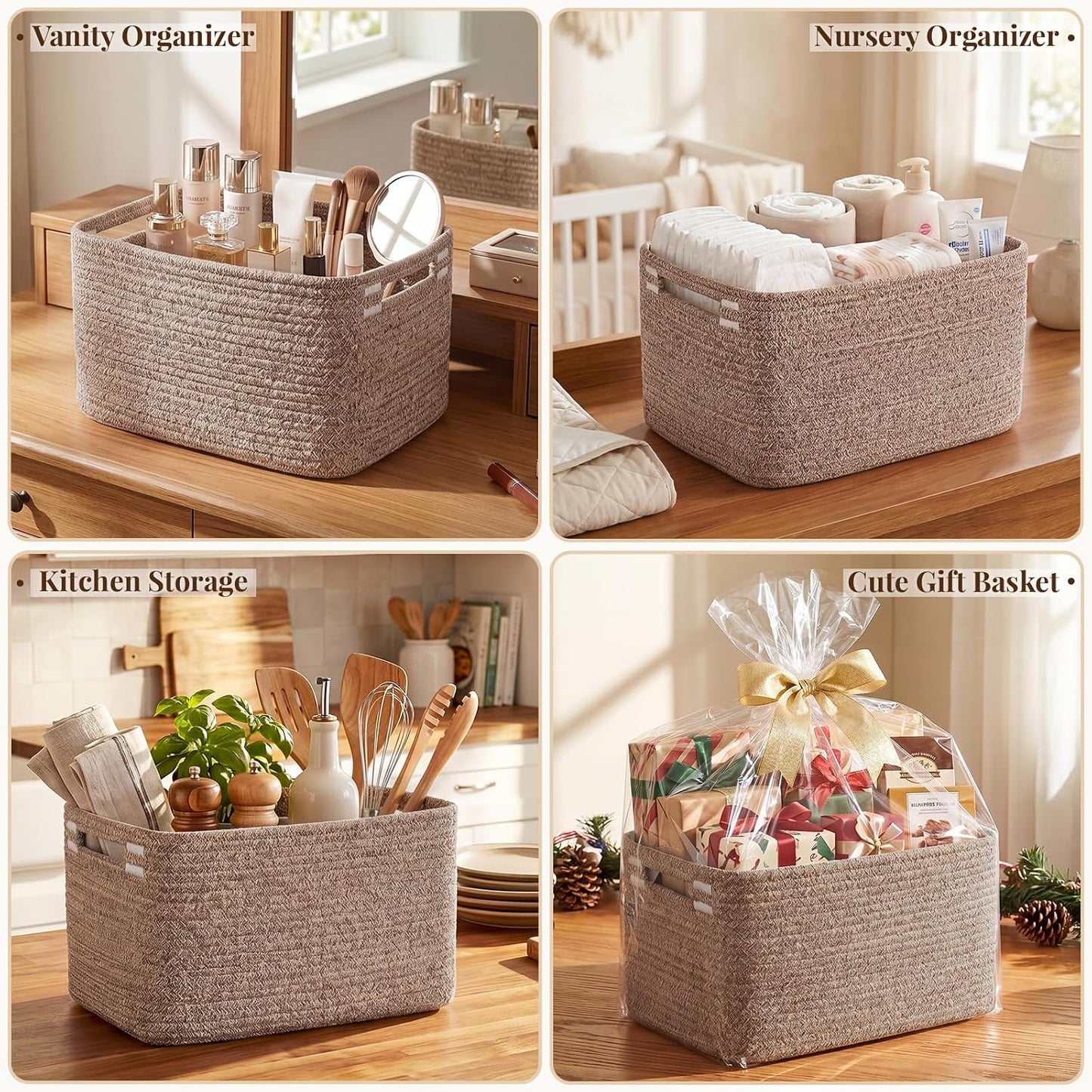 OIASKET 4Packs Natural Cotton Rope Storage Baskets for Organizing Toys, Clothes, Towels & Books, Soft Versatile Organizers for Shelves, Home Decorative Bins, 13''Lx9''Wx7.8''H, Linen Brown