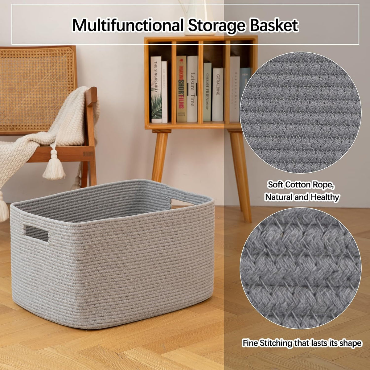 OIAHOMY 75L Large Blanket Basket, Woven Blanket Storage Basket with Handle, Cotton Rope Basket for Organizing 22”x17”x12”, Blanket Basket living Room, Toy Basket for Nursery, Grey