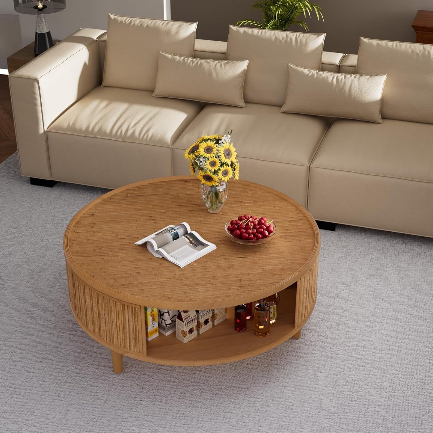 30.5" Bamboo Weaving Round Coffee Table with Storage(Light Brown) | Solid Wood Legs, Boho Accent Center Table for Living Room, Bedroom Apartment