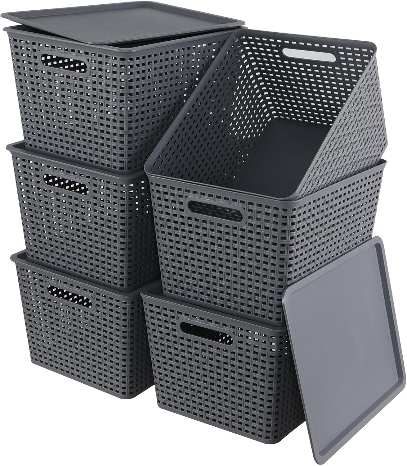 6 Pack Plastic Storage Bins with Lids, Stackable Storage Baskets with Handles, Plastic Organizer Container Bins for Desk,Shelves,Office, Pantry Organizers and Storage, Grey