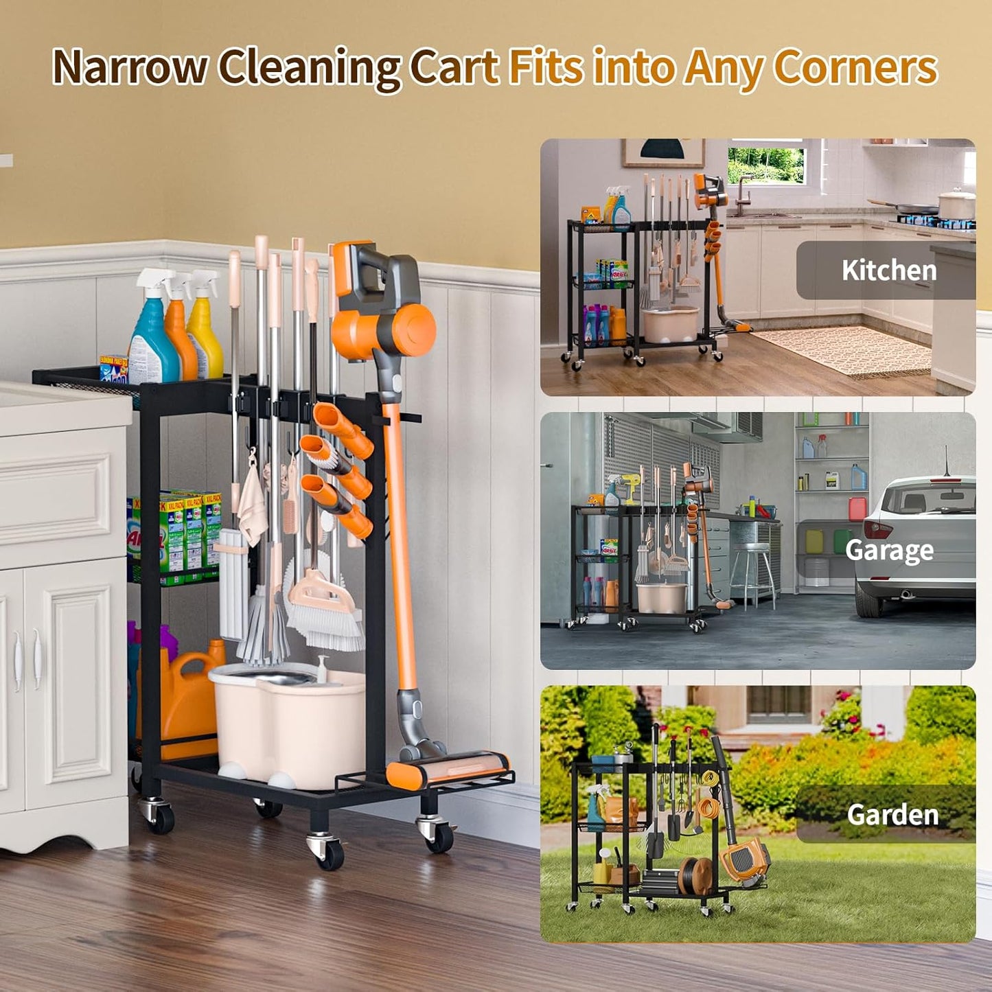 Broom Holder with Cleaning Supplies Organizer Load 350 LBS Cleaning Cart with Wheels Broom Closet Storage with 3-Tier Shelves, 6 Mop Hanger Grippers, 3 Double-Hooks, Vacuum Stand for Laundry Garage