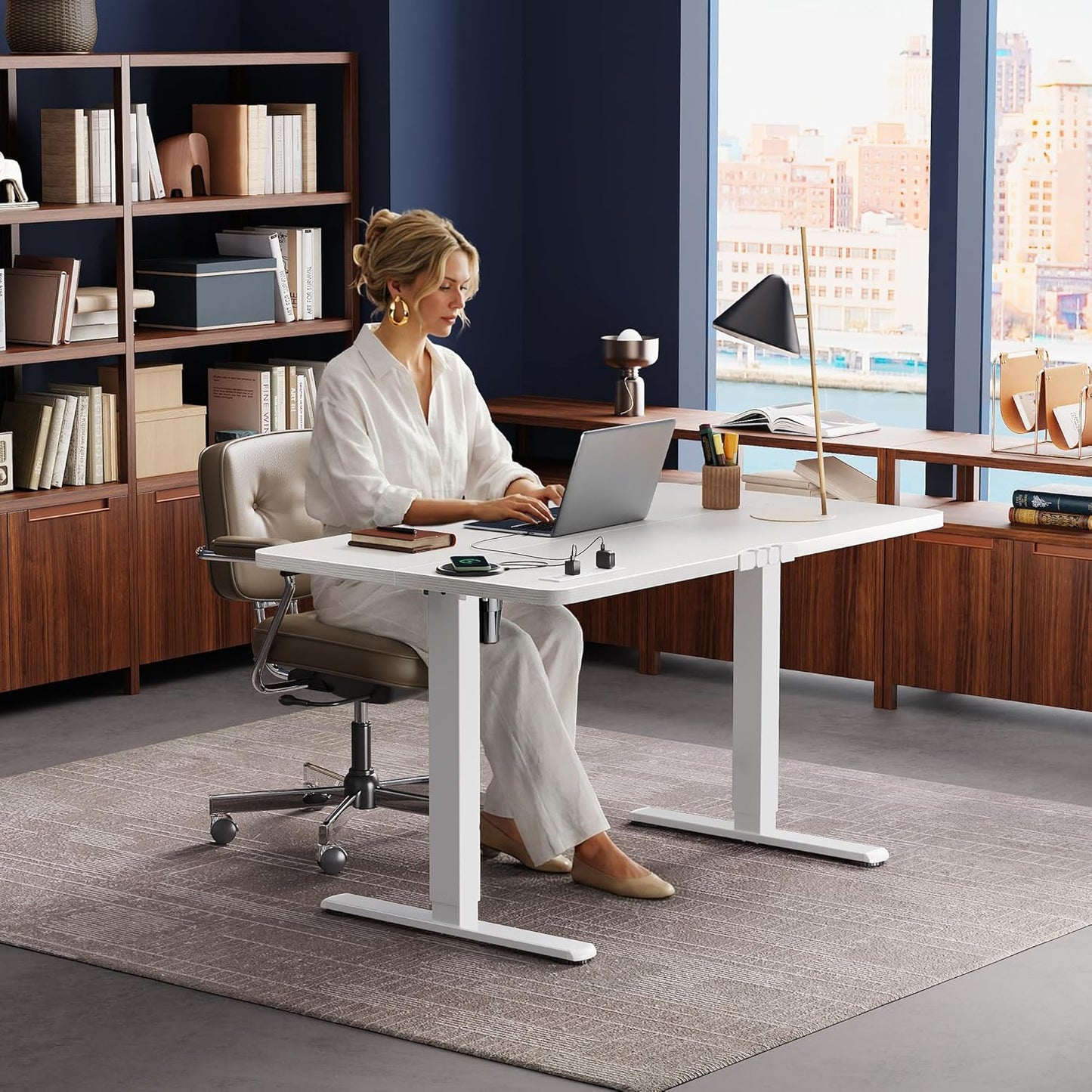 Huuger Electric Standing Desk with Power Outlets and USB-C Port, 47 X 24 Inch Height Adjustable Desk, Sit Stand Desk for Home Office, Computer & Gaming Desk with 4 Presets, Stable Steel Frame, White