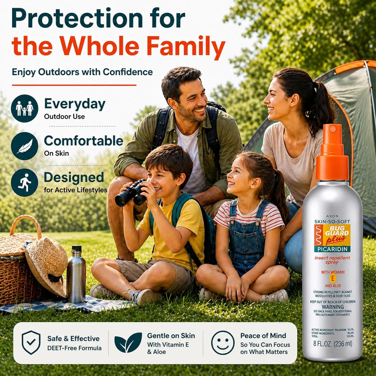 AVON Skin So Soft Bug Guard Plus Picaridin Insect Repellent Spray — Long-Lasting, DEET-Free Family Size Pump Spray with Vitamin E & Aloe — Non-Greasy, Travel-Ready Bug Repellent for Families, 8 fl oz