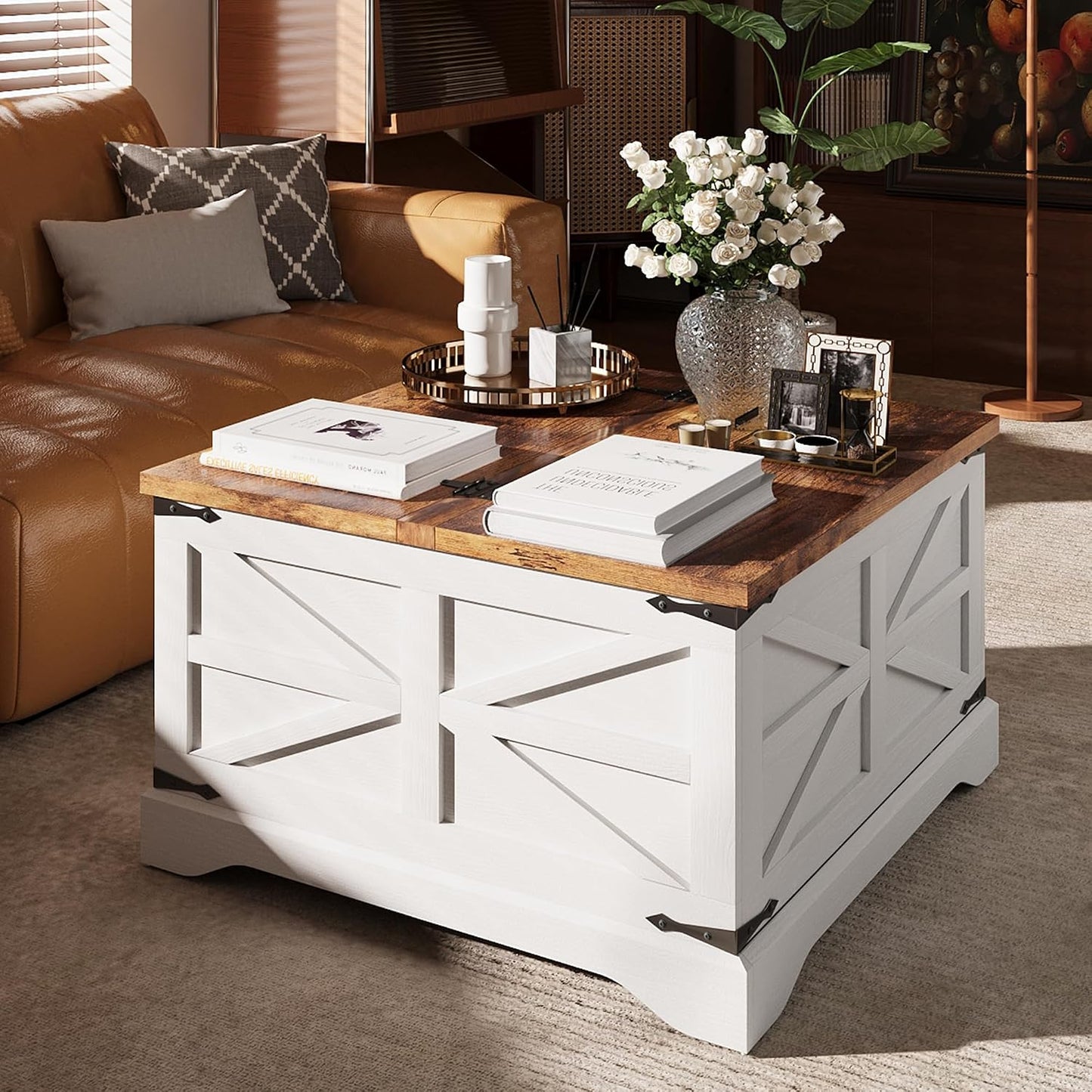 MXV Farmhouse Coffee Table with Storage, Square Coffee Tables for Living Room, Rustic Wood Center Table with Hinged Lifting Tabletop for Home, Brown