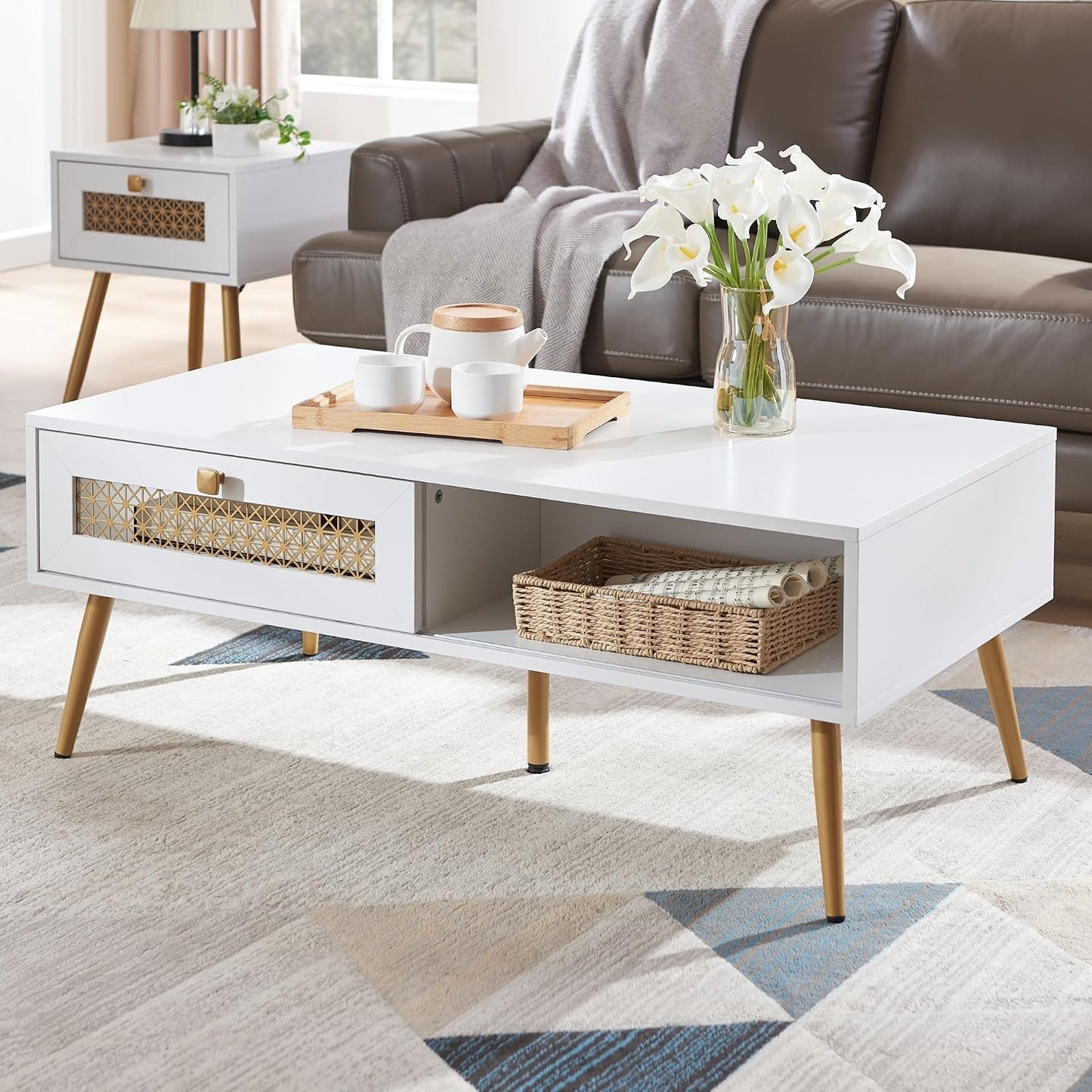 Mid Century Modern Coffee Table - Black Wood with Storage Drawers & Open Shelf, Compact Living Room Furniture for Small Spaces, 41.9" Wx21.6 Dx19.7 H