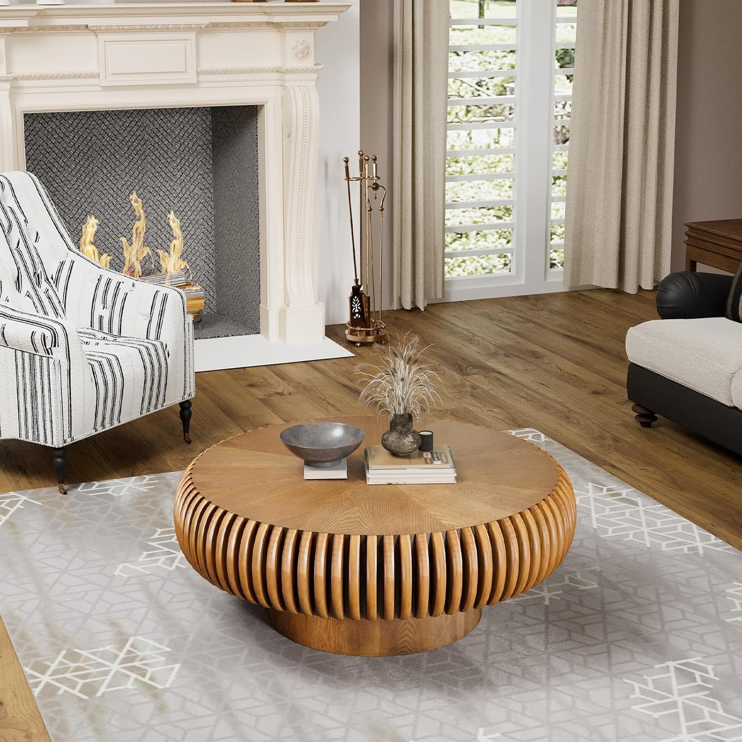 31" Brown Round Drum Wood Fluted Coffee Table (D, 1PC) | For Living Room, Wooden Grooves, Circle Pedestal Center Table, Farmhouse Modern Style, For Small Spaces, Easy Assembly
