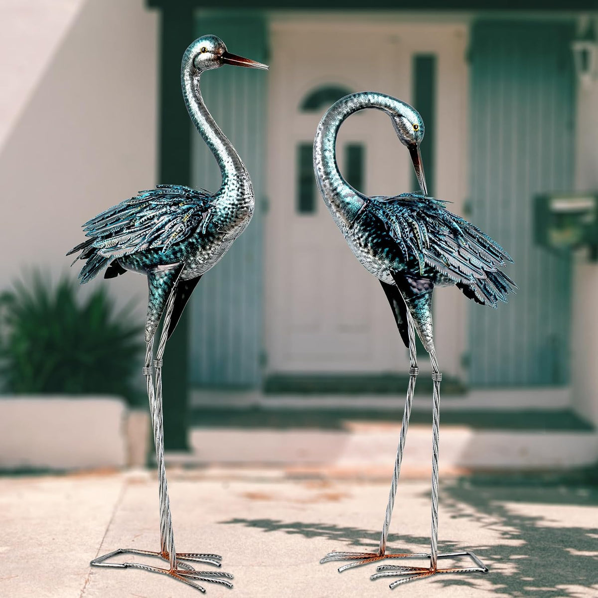 Kircust Metal Blue Heron Standing Crane Statues Outdoor Garden Decor