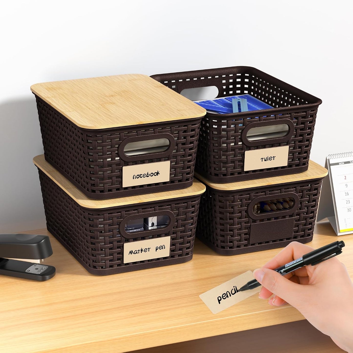 6 Pack Plastic Storage Baskets,Brown bamboo lid storage Box