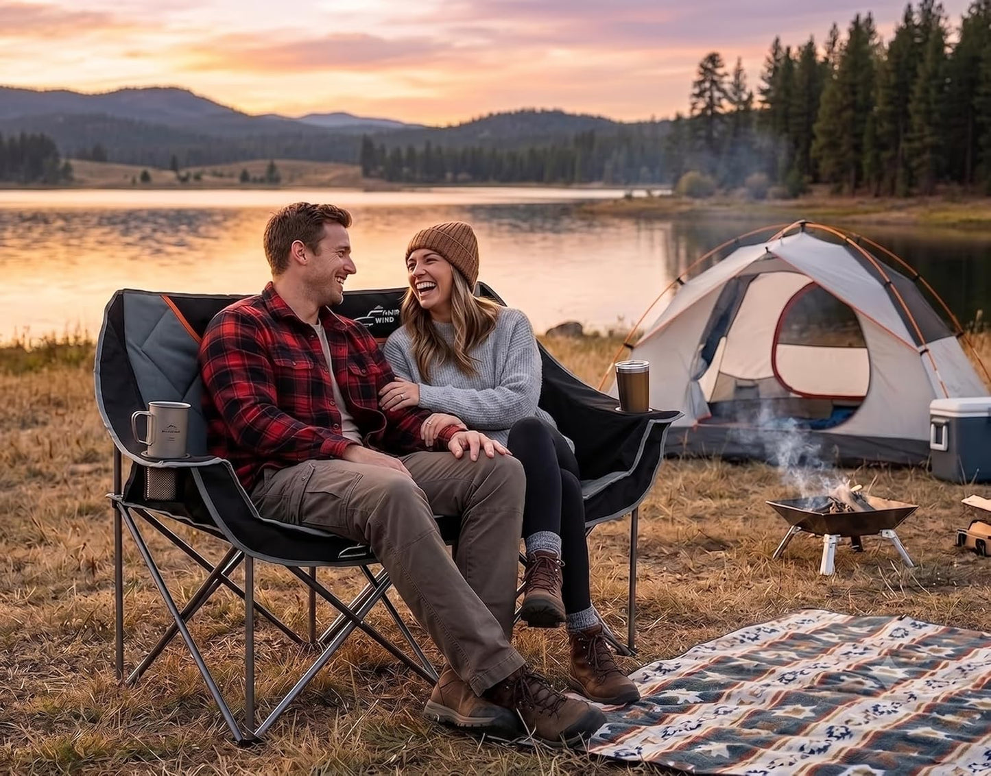 FAIR WIND Oversized Fully Padded Camping Chair Folding Loveseat Camping Couch Double Duo Chair Heavy Duty Quad Fold Arm Chair with Cup Hold - Supports 650 LBS Black