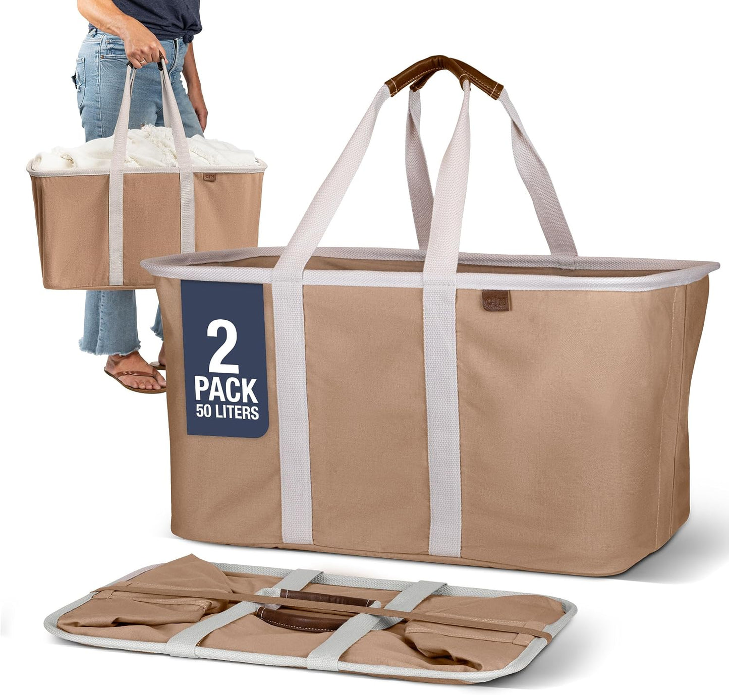 Collapsible Fabric Laundry Basket Tote Premium, Herringbone, 2 Pack | Bring a Polished Look to Laundry Day | Cotton-Blend Fabric and Vegan Leather Pair with Long Handles and 55 lb Support