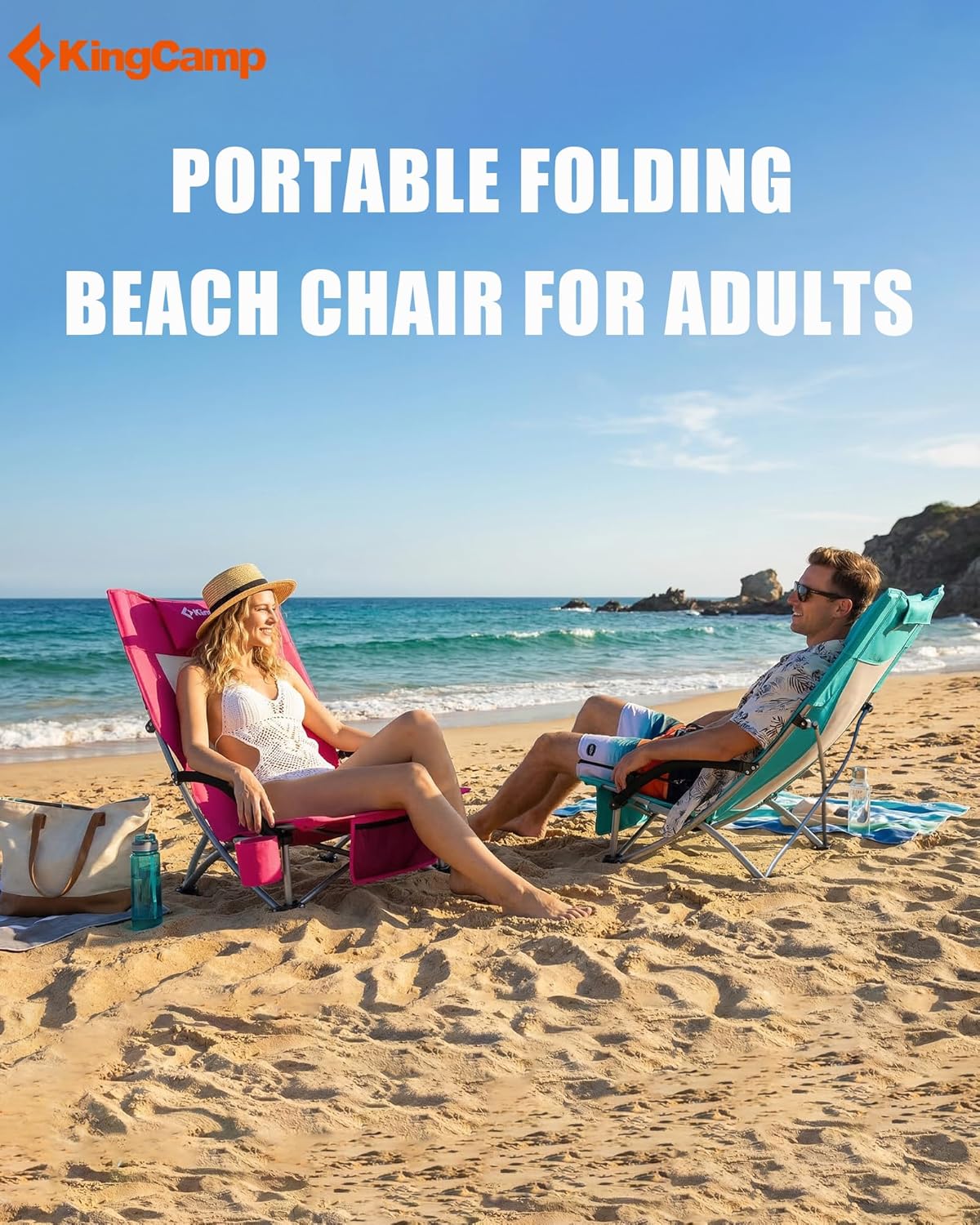 KingCamp Low Beach Chair, High Back Folding Camping Chair for Adults, Oversized Breathable Mesh Seat, 300lbs Heavy Duty Portable Chair with Cup Holder & Storage Pockets for Beach, Outdoor