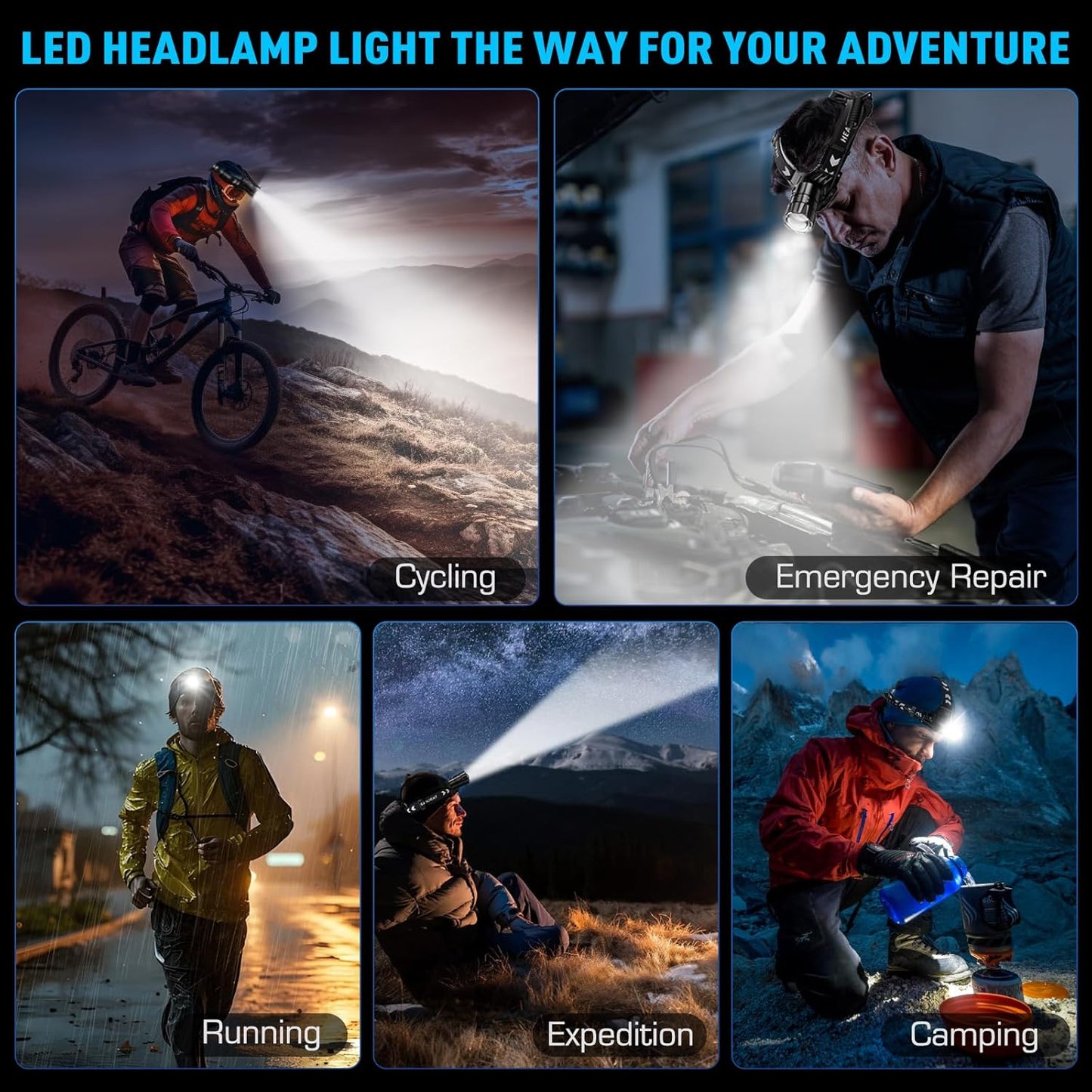 Sinvimes 99000 High Lux LED Rechargeable Headlamp, 95H Long Battery Life Head Lamp with 5 Modes & IPX7 Waterproof & Zoomable, 125° Adjustable Head Light for Adults, Outdoor, Camping, Hardhat