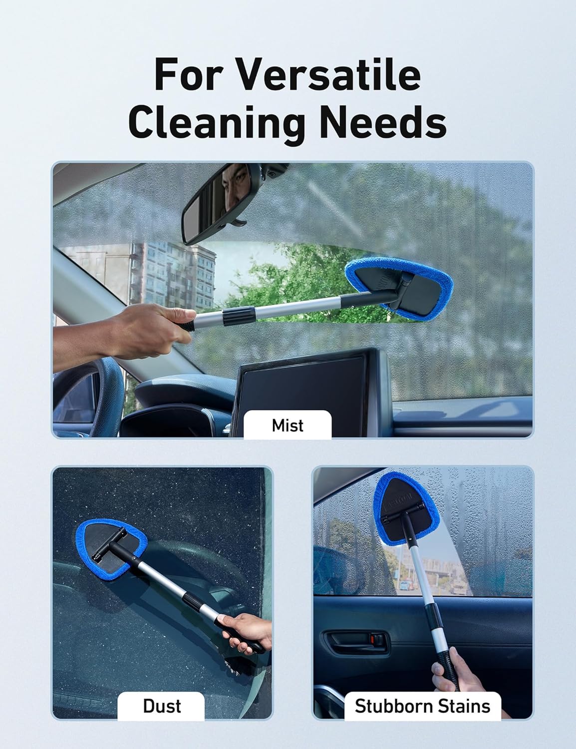 AstroAI 21" Windshield Cleaner Tool, Car Interior Detailing Cleaning Kit with Extendable Handle and 4 Upgraded High-Density Reusable Microfiber Pads, Auto Glass Wiper Brush Kit for Cars, Blue