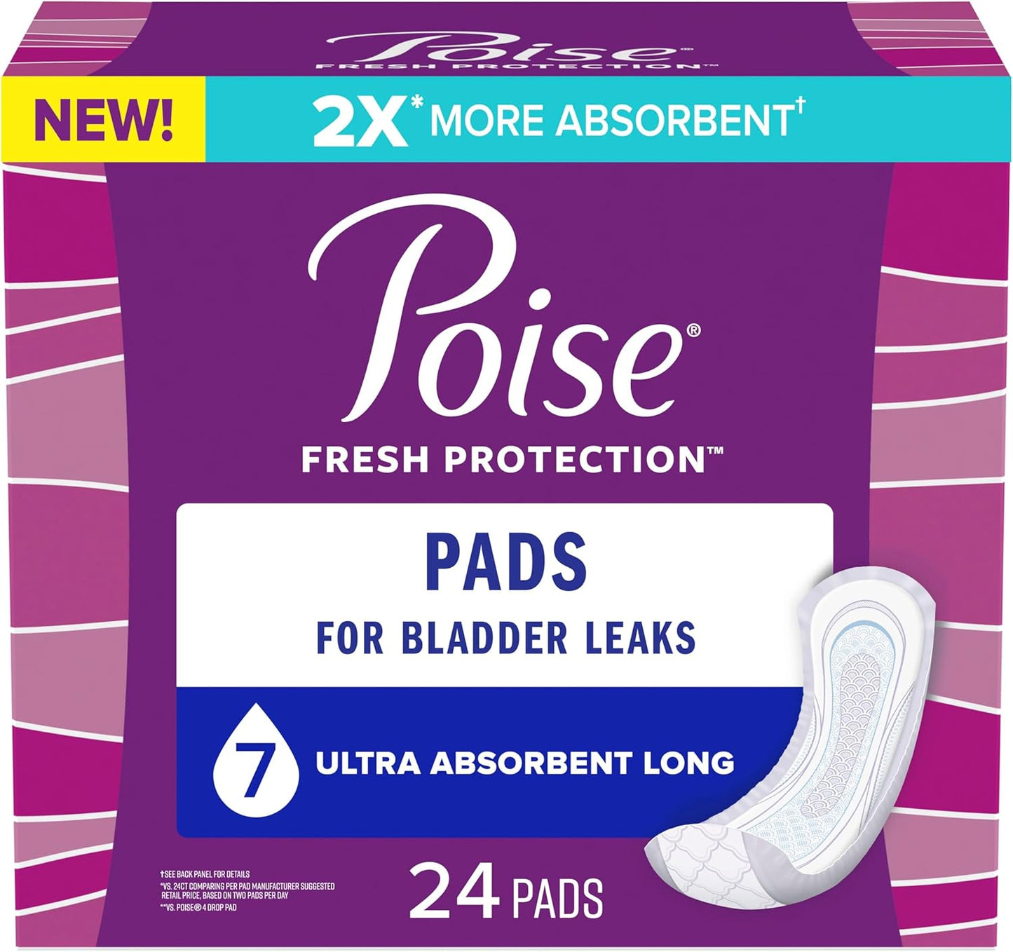 Poise Incontinence & Postpartum Pads for Bladder Leaks, 7 Drop Ultra Absorbency, Long Length, 39 Count, Packaging May Vary