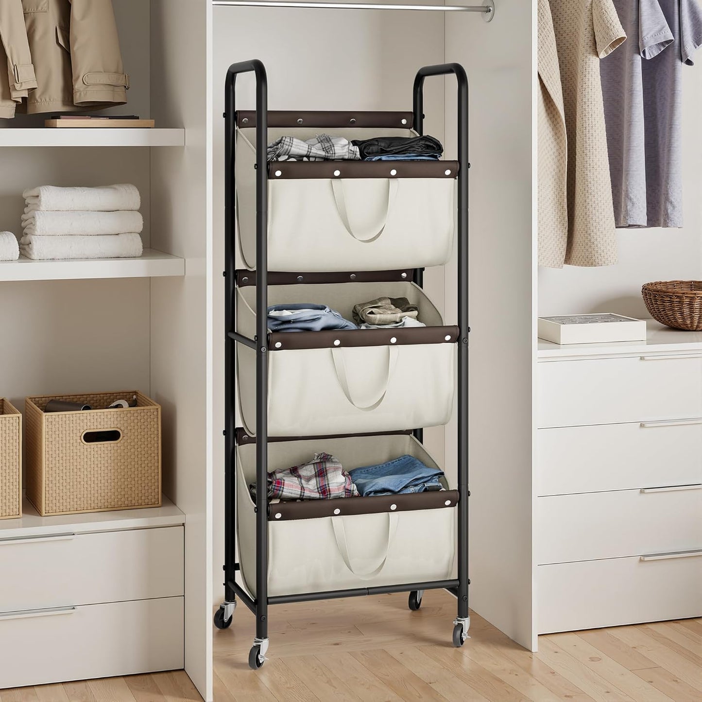 GRANNY SAYS 3 Section Tiered Laundry Sorter, Slim Vertical Laundry Hamper with Wheels, Narrow Rolling Laundry Cart with Removable Bags for Laundry Room, Bathroom, Closet, Dorm, Beige