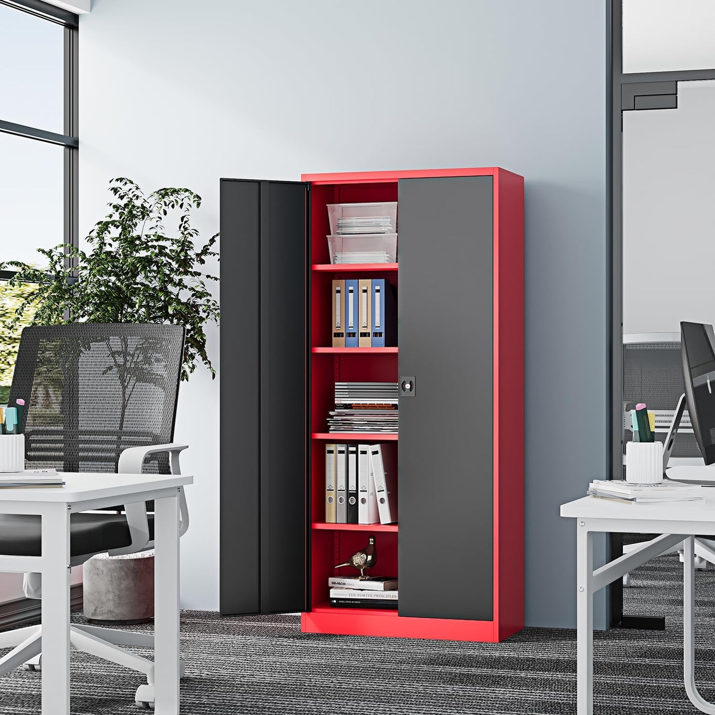 Fesbos Metal Storage Cabinet-71” Tall Steel File Cabinets with Lockable Doors and Adjustable Shelves-Black&Red Steel Storage Cabinet for Home,Kitchen, School, Office, Garage