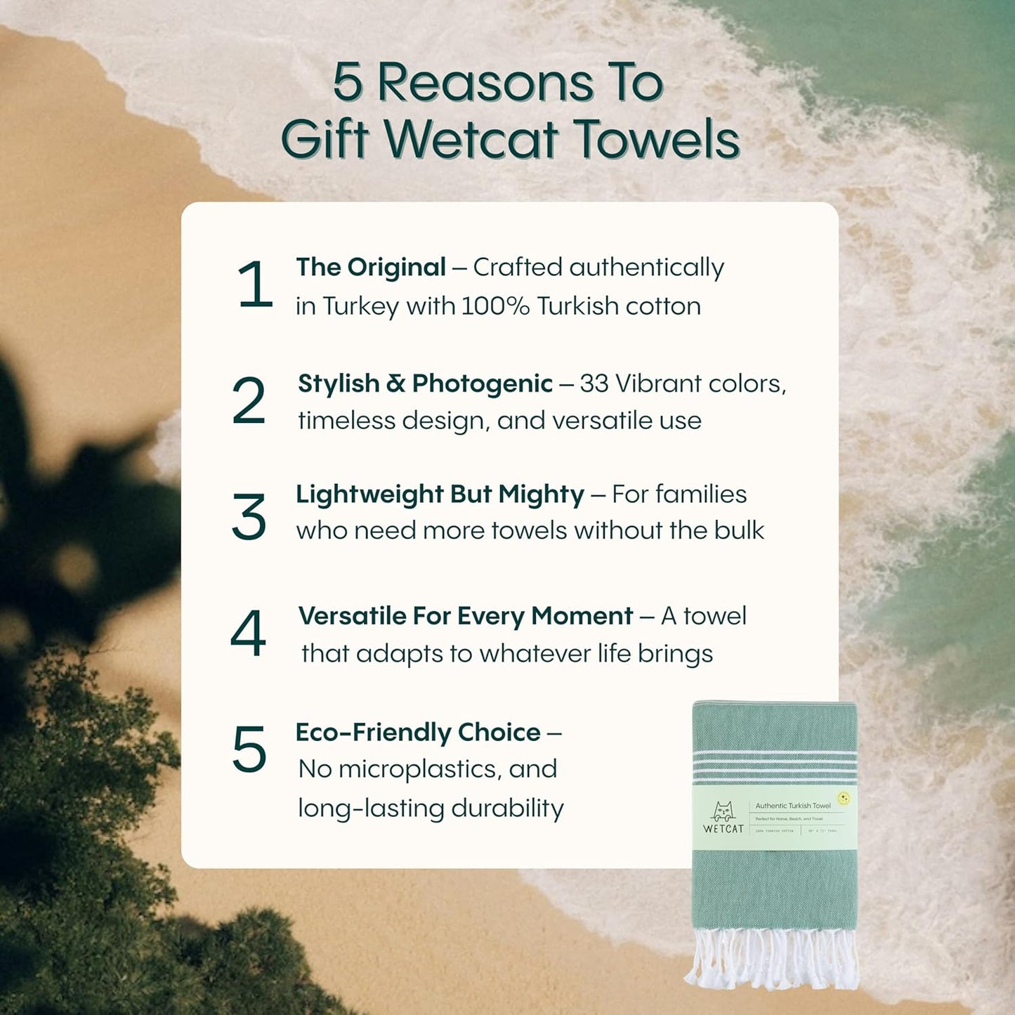 WETCAT Turkish Beach Towel Oversized (38"x71") 100% Turkish Cotton, Made in Turkey - Sand Free, Extra Large, Ultra Soft, Quick Drying, Compact & Lightweight for Travel - Aqua