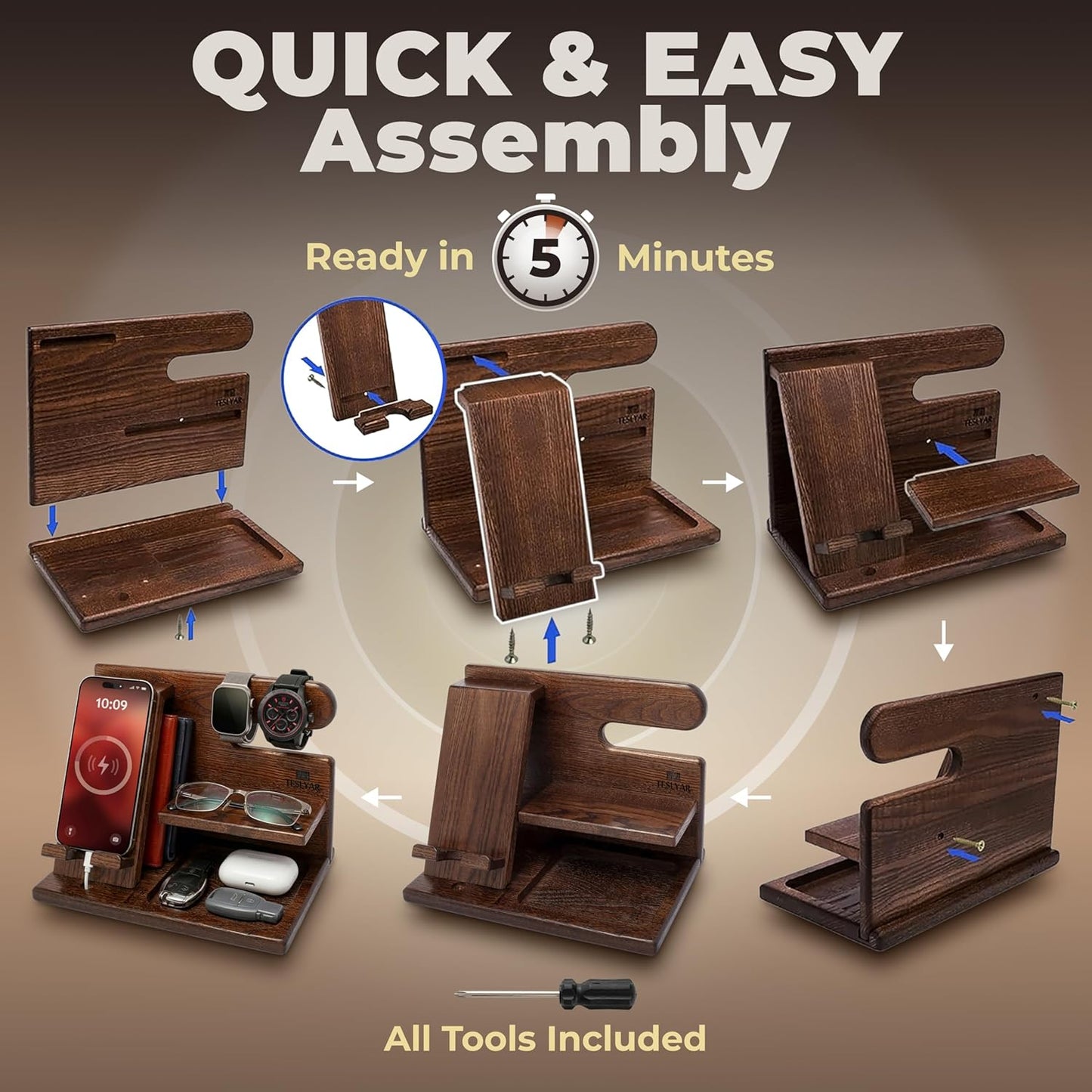 TESLYAR Wood Phone Docking Station for Men - Desktop or Nightstand Organizer - Birthday Gifts for Men, Dad - Anniversary Idea from Wife - Key Holder, Stand Wallet, Watch & Essentials (Bourbon Brown)