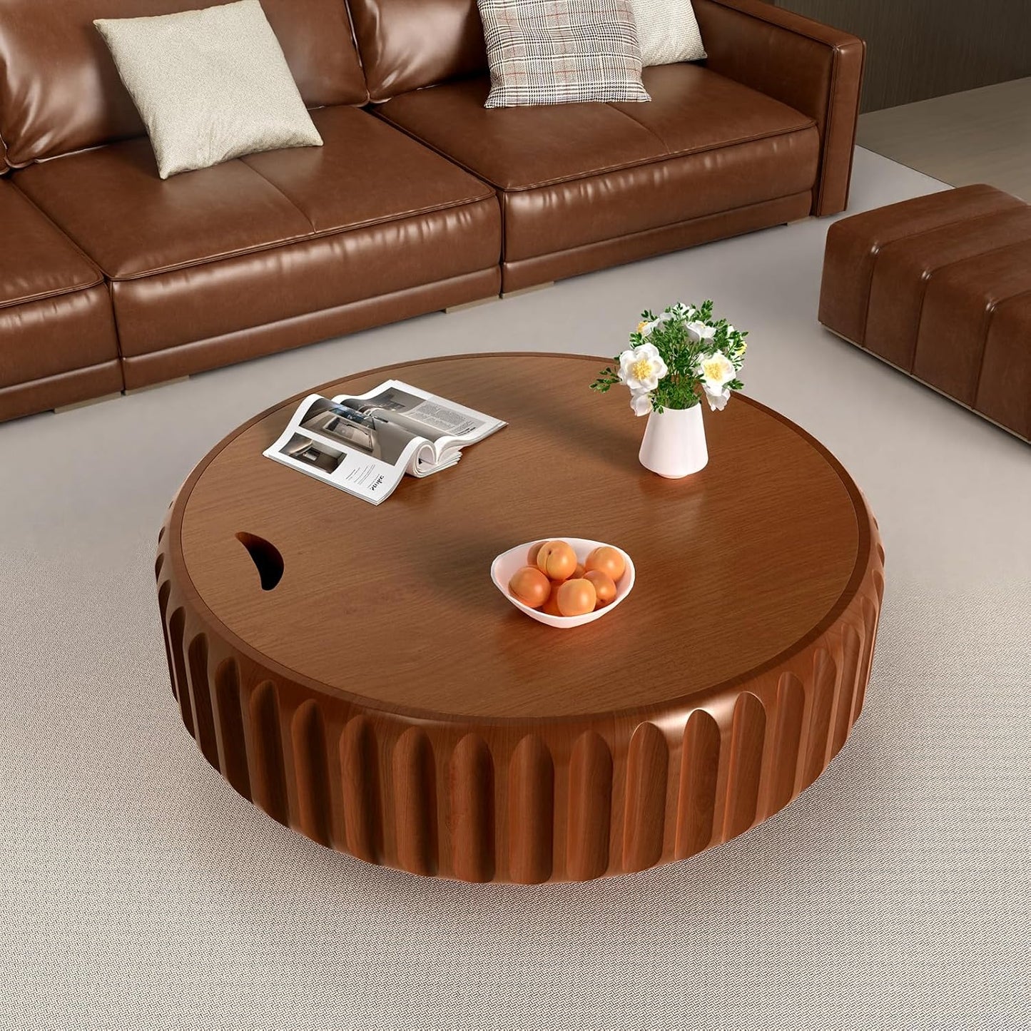Storage Fluted Drum Coffee Table (A Brown 31.5 in) | Mid Century Wood Drum Shaped Table with Storage Compartment, Removable Lid for Living Room Bedroom, Stylish Retro Furniture