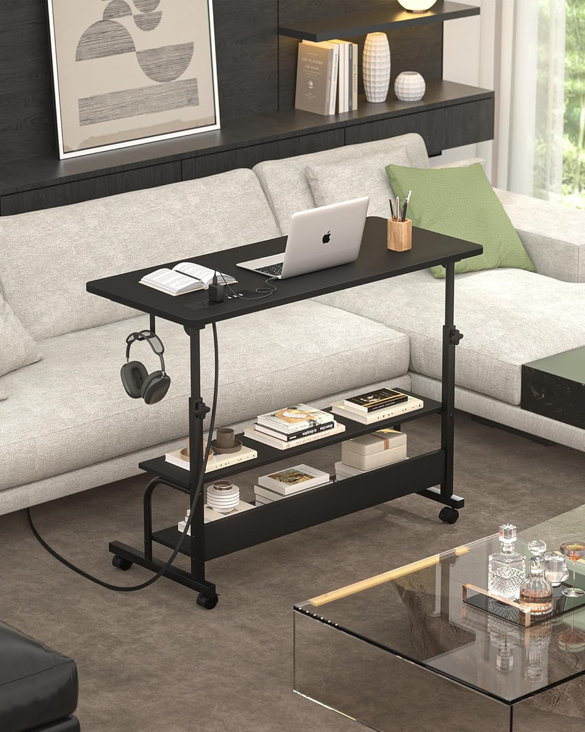 Armocity Rolling Standing Desk with Charging Station, Portable Height Adjustable Mobile Computer Desk with Wheels & 2-Tier Shelves & Hooks, Easy Assembly Laptop Table for Couch Bed, 32" Black