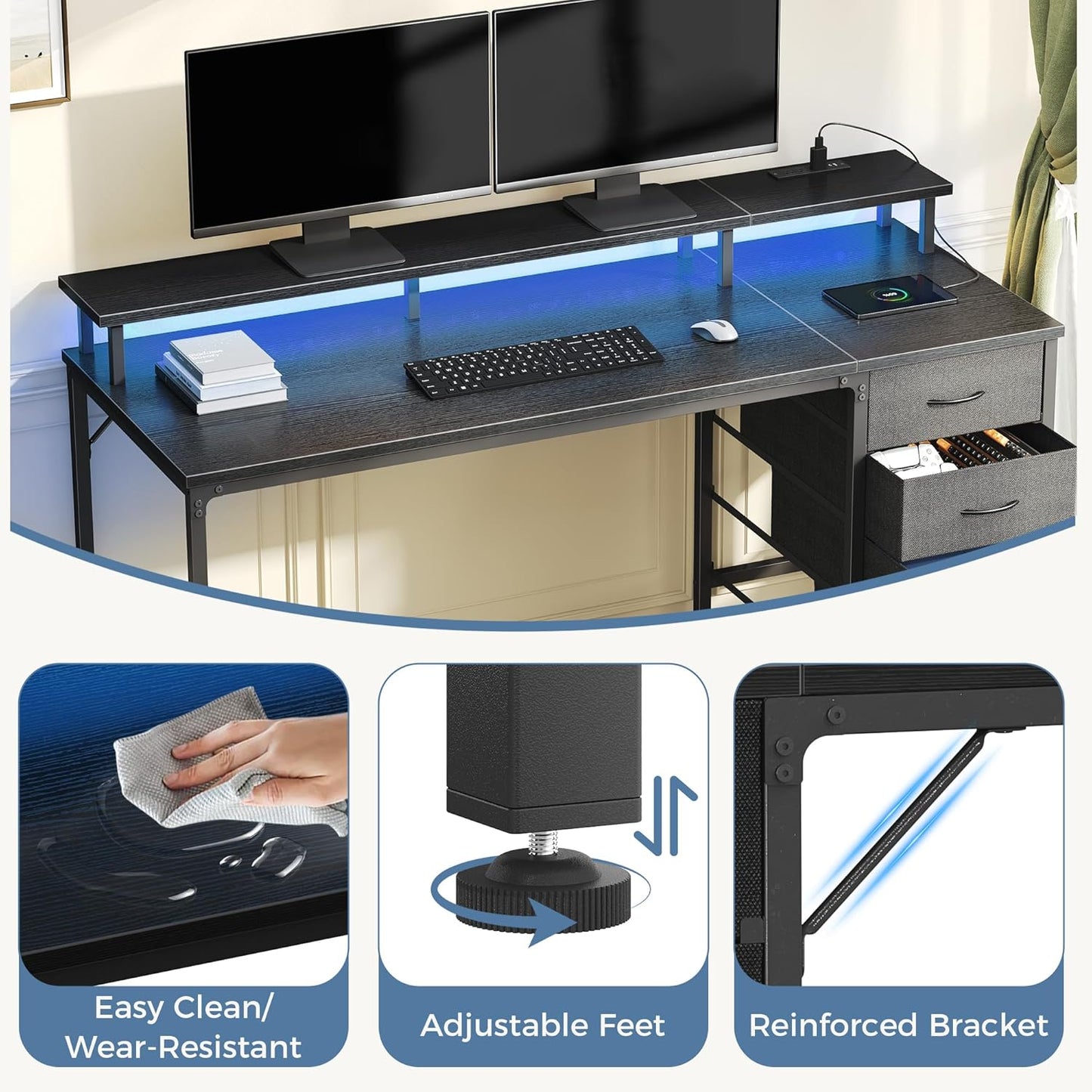 DUMOS 40 Inch Computer Desk with 4 Drawers,4 Drawer Gaming Desk with Power Outlets and LED Lights,Office Desk for Small Spaces with Monitor Shelf,Writing Desk for Home Office, Bedroom,Study,Black