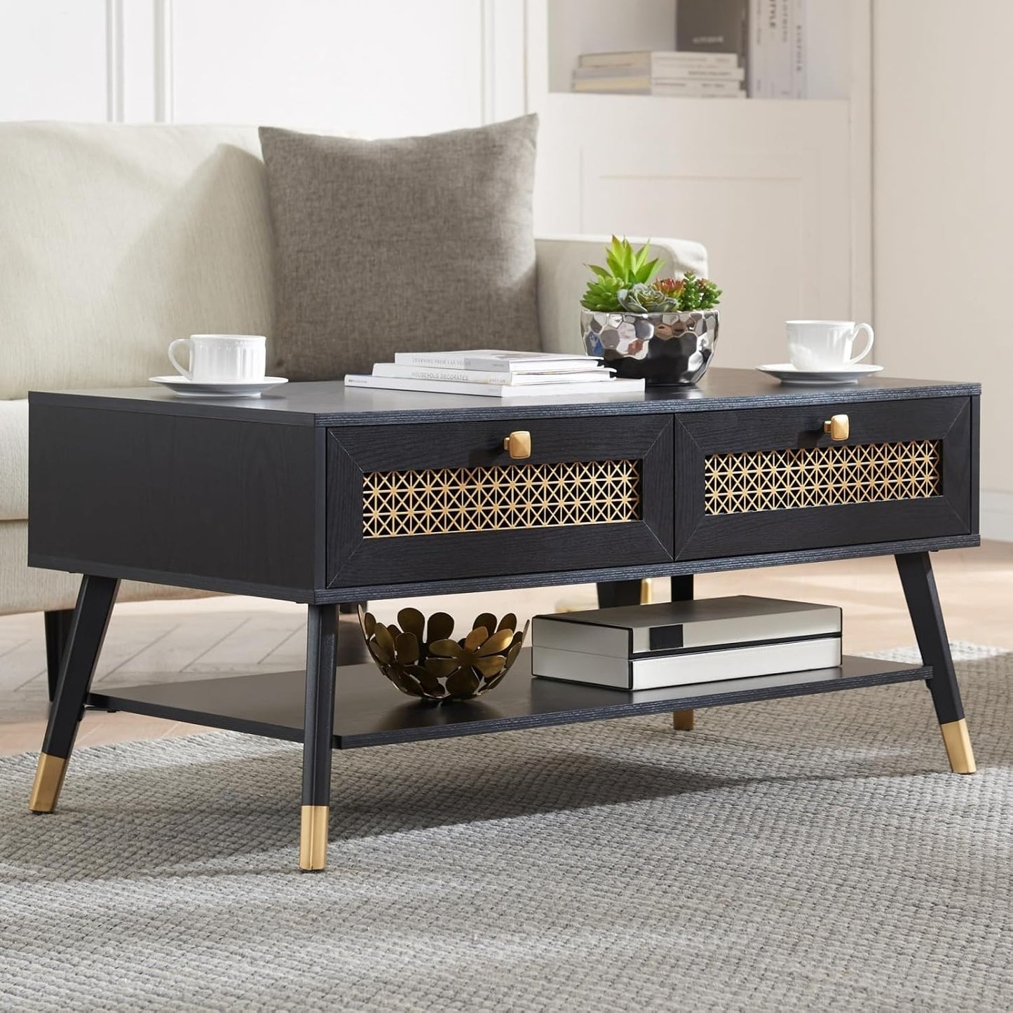 Mid Century Modern Coffee Table with Storage Drawers & Open Shelf, Solid Wooden Boho Rectangle Table with Metal Legs Designed for Living Room, Office, Lounge. Rustic Oak Color with Golden Decor