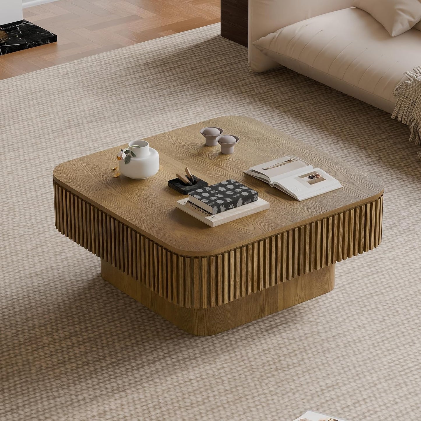 31.5" Square Coffee Table with Hidden Storage Compartment, Modern Handcraft Fluted Drum Coffee Table, Wooden Square Center Table Cocktail Tea Table with Sturdy Pedestal for Living Room, Brwon