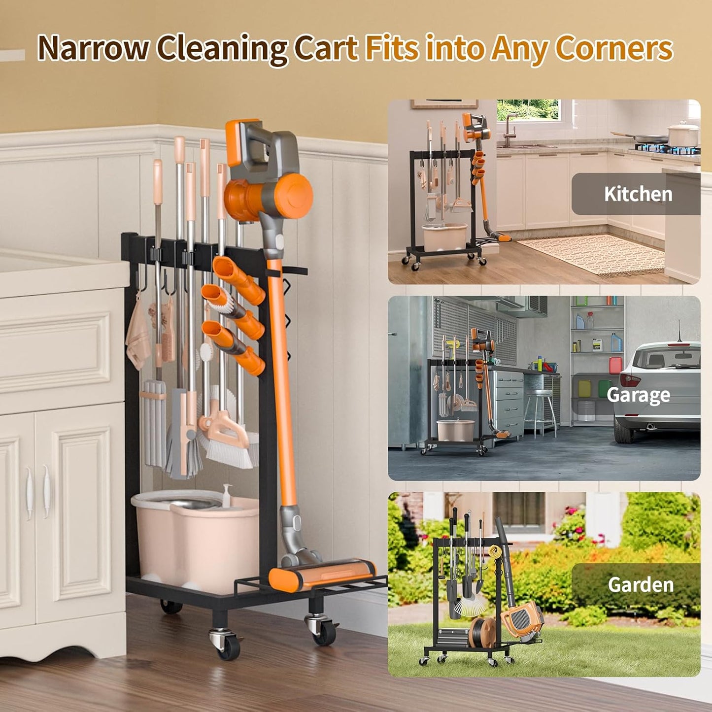 Broom Holder with Cleaning Supplies Organizer Load 160 LBS Cleaning Cart with Wheels Broom Closet Storage with 6 Mop Hanger Grippers, 3 Double-Hooks, Vacuum Stand for Laundry Garage Organization