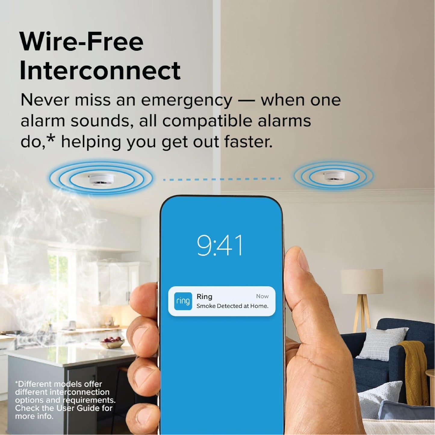 Kidde Smart Smoke and Carbon Monoxide Detector, Ring App Enabled for Real-Time Notifications, Wire-Free Interconnectivity, AA Battery Powered