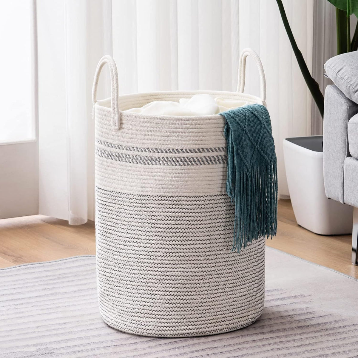 YOUDENOVA Woven Laundry Hamper Basket, 72L Tall Laundry Basket-Black&Brown