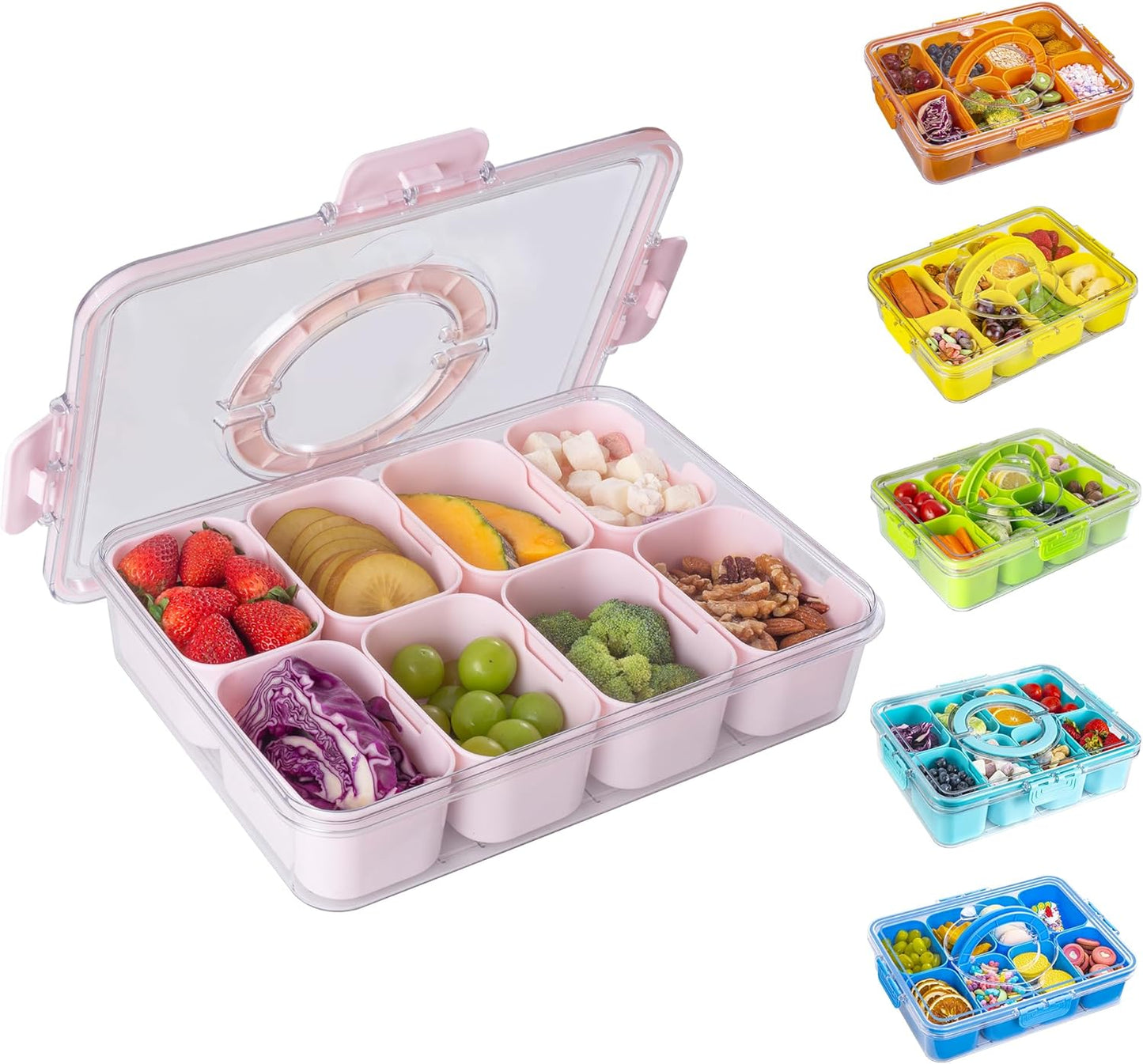 WACOI Divided Snack Serving Tray with Lid and Handle Travel Snackle Charcuterie Container Portable Storage Organizer for Candy, Fruits, Nuts, Snacks, Party, Picnic (1pack, Lake blue)