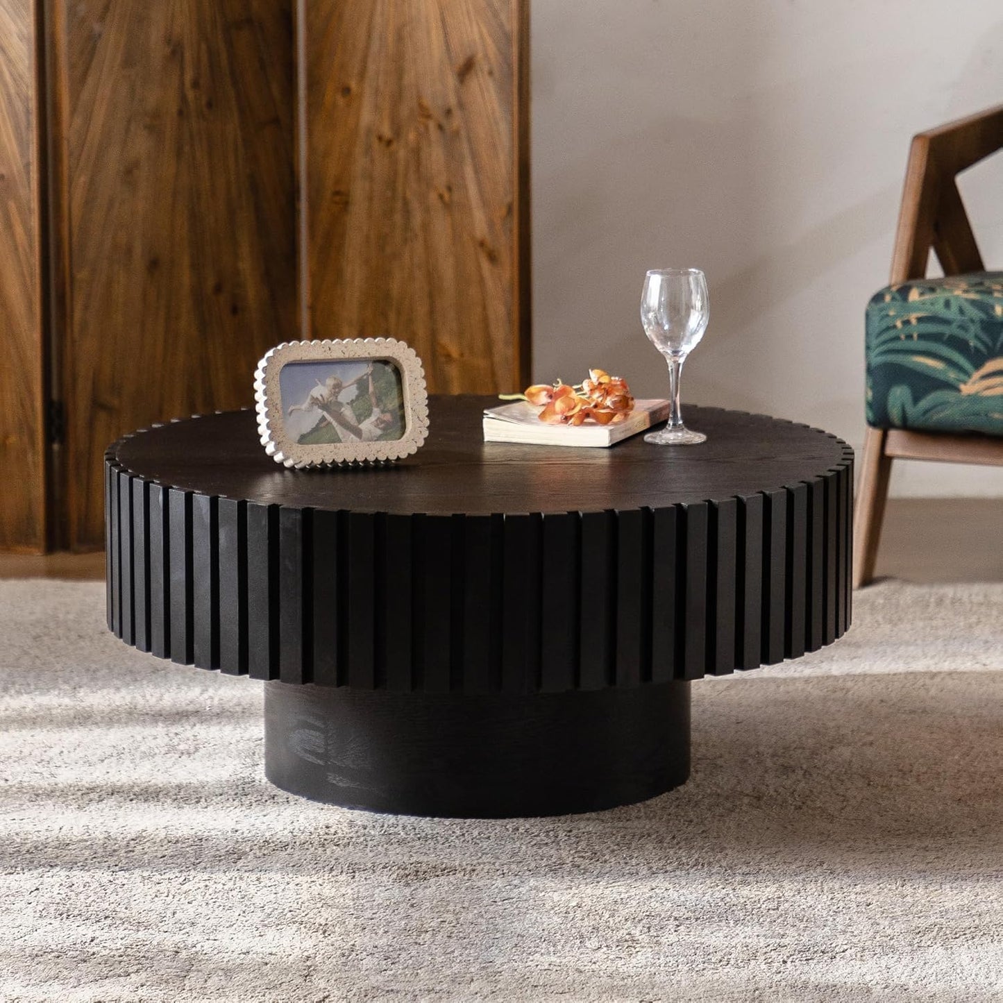Round Fluted Coffee Table (Circle Black 31.5in) | Round Drum Coffee Table for Living Room | Modern Circular Pedestal Center Table